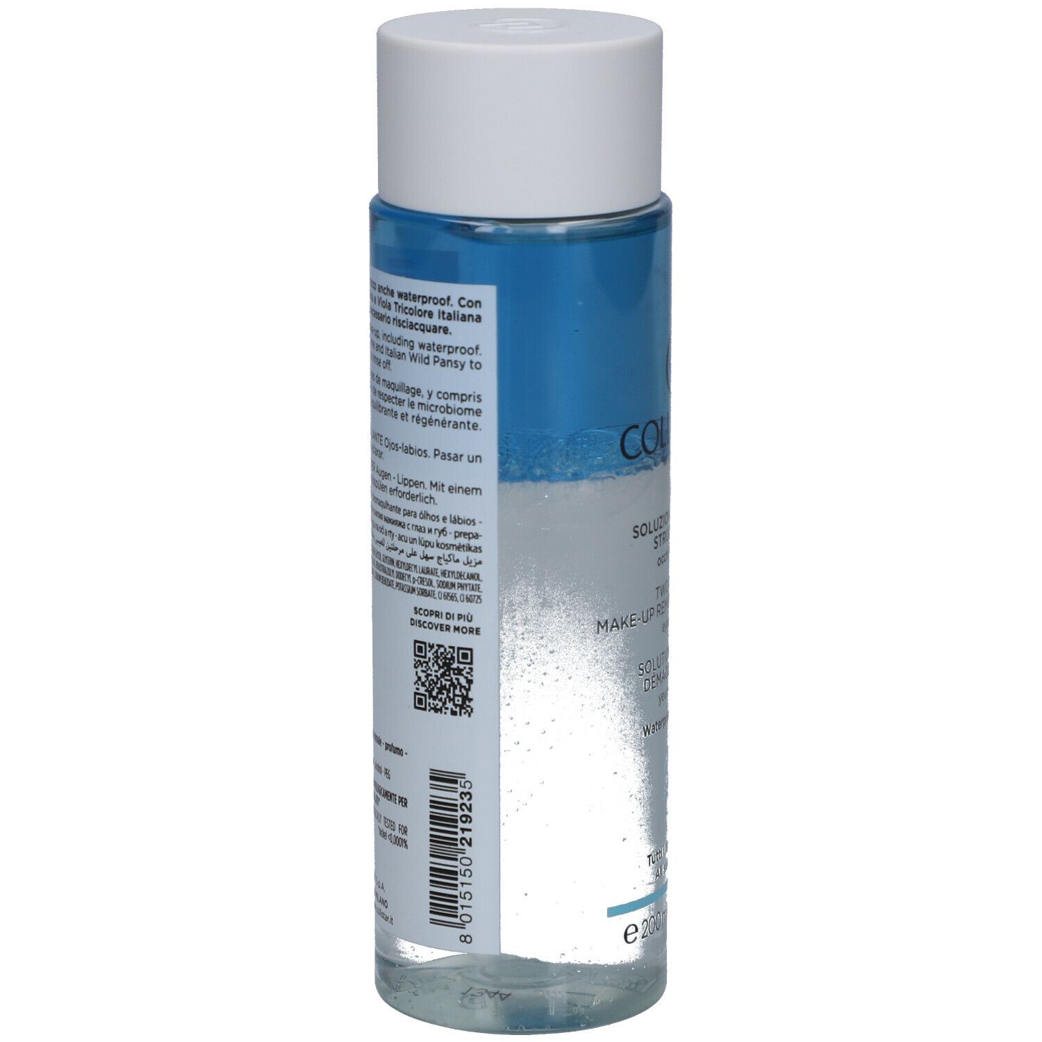 Rückseite der Make-up-Entferner-Lösung. Flasche mit weißem Deckel. Blaue und klare Flüssigkeit. Text und Barcode.