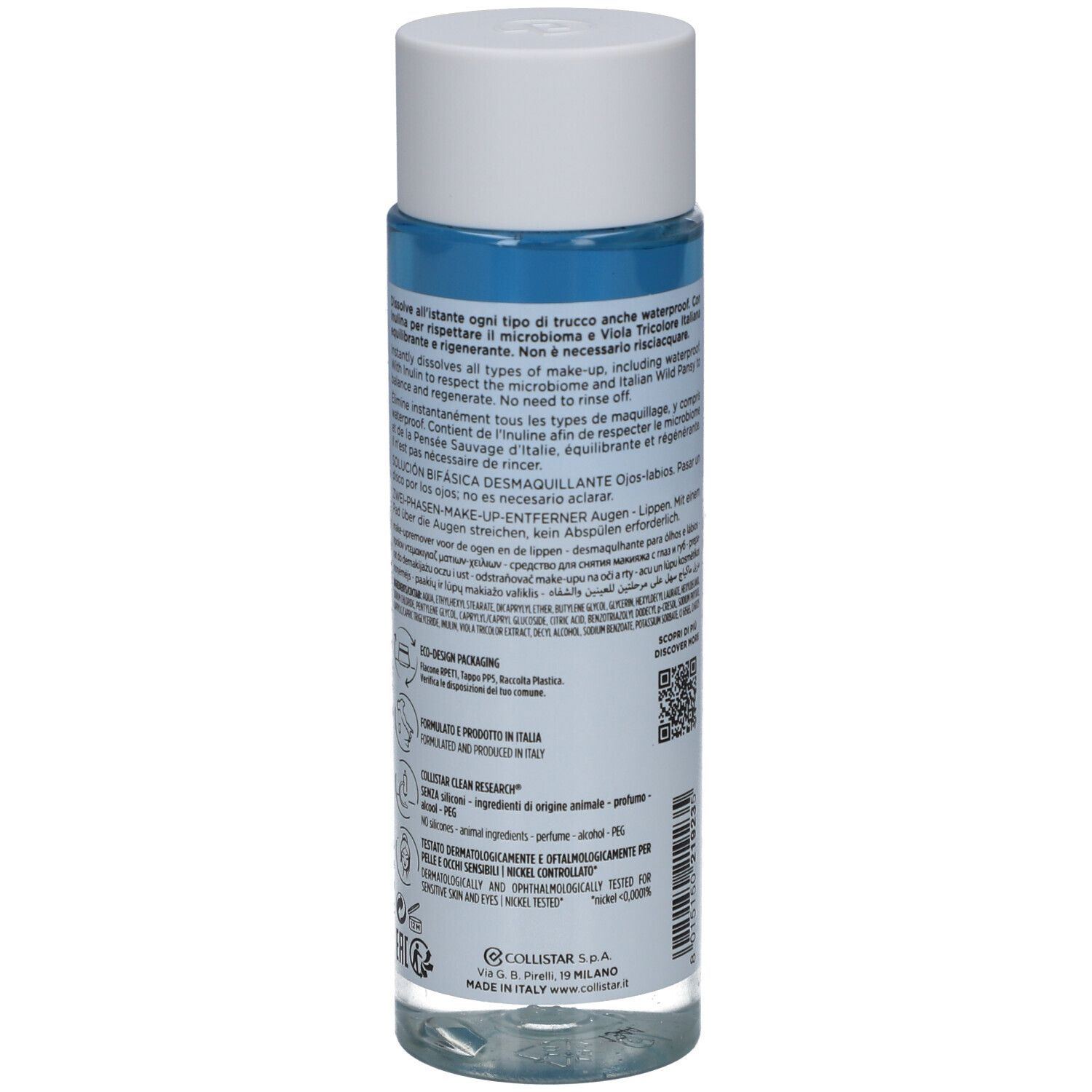 Rückseite der Make-up-Entferner-Lösung. Flasche mit weißem Deckel. Blaue und klare Flüssigkeit. Text und Symbole.