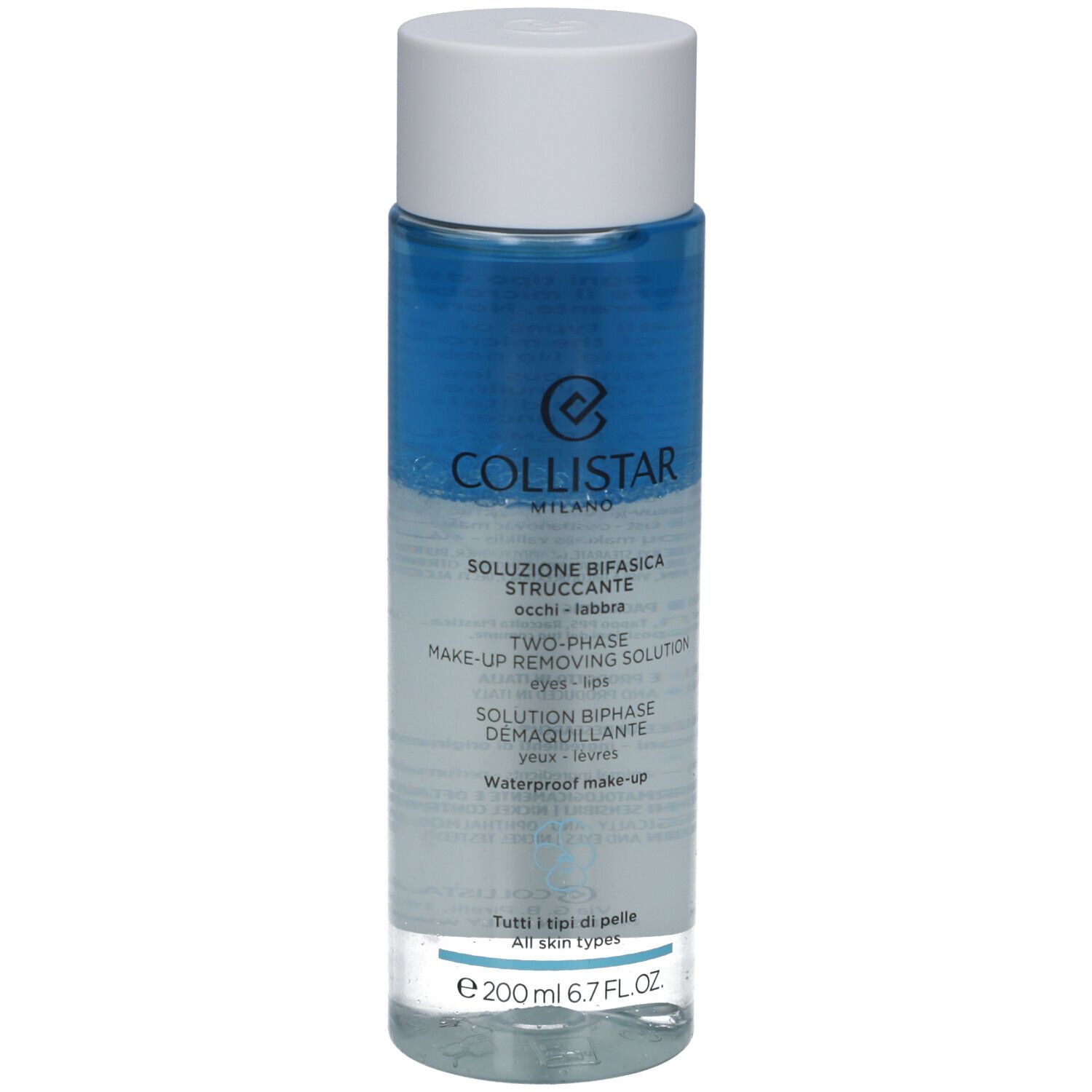 Zweiphasige Make-up-Entferner-Lösung. Flasche mit weißem Deckel. Blaue und klare Flüssigkeit. Text: Collistar, Augen, Lippen.