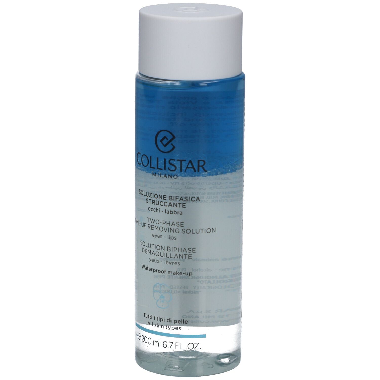Zweiphasige Make-up-Entferner-Lösung. Flasche mit weißem Deckel. Blaue und klare Flüssigkeit. Text: Collistar, Augen, Lippen.