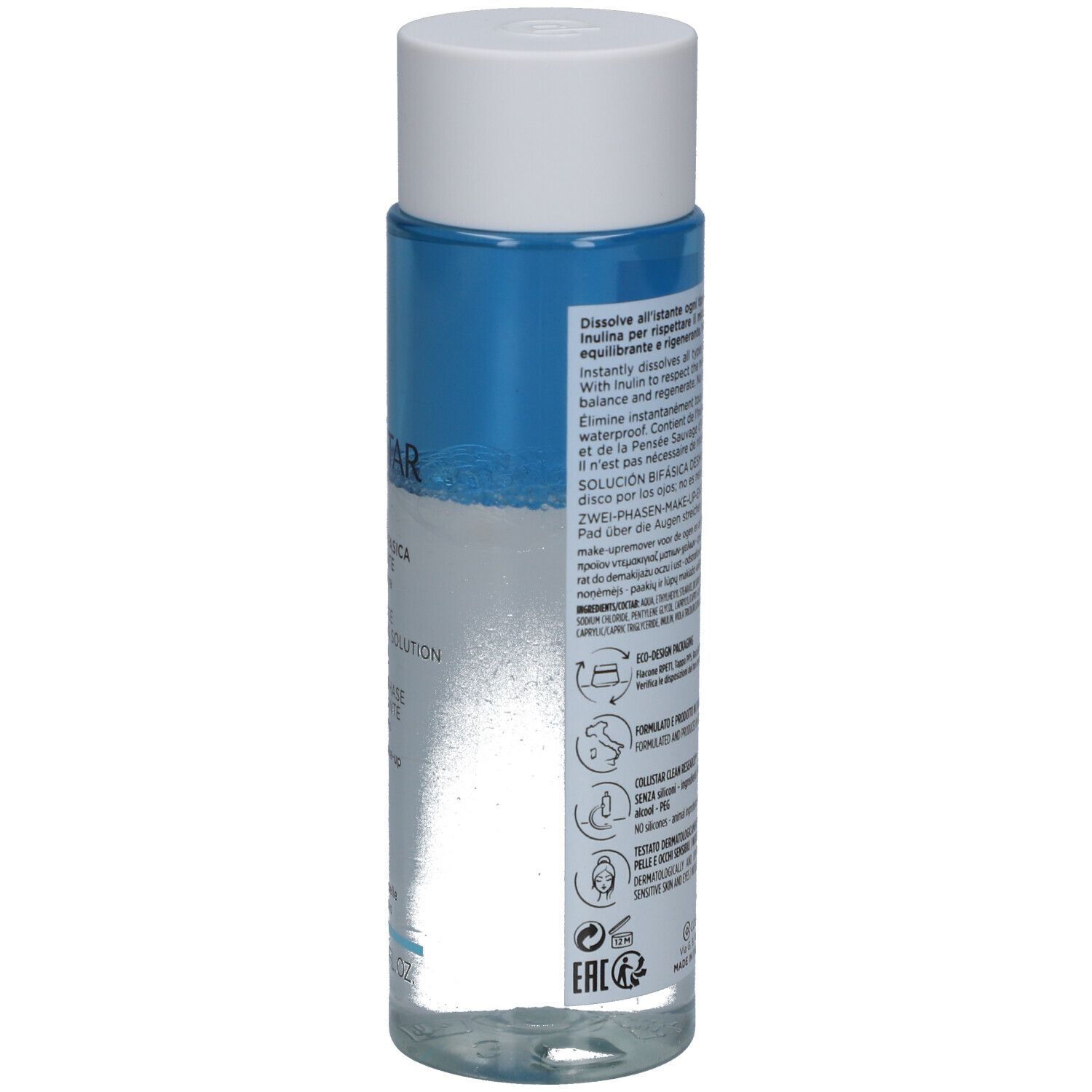 Rückseite der Make-up-Entferner-Lösung. Flasche mit weißem Deckel. Blaue und klare Flüssigkeit. Text und Symbole.
