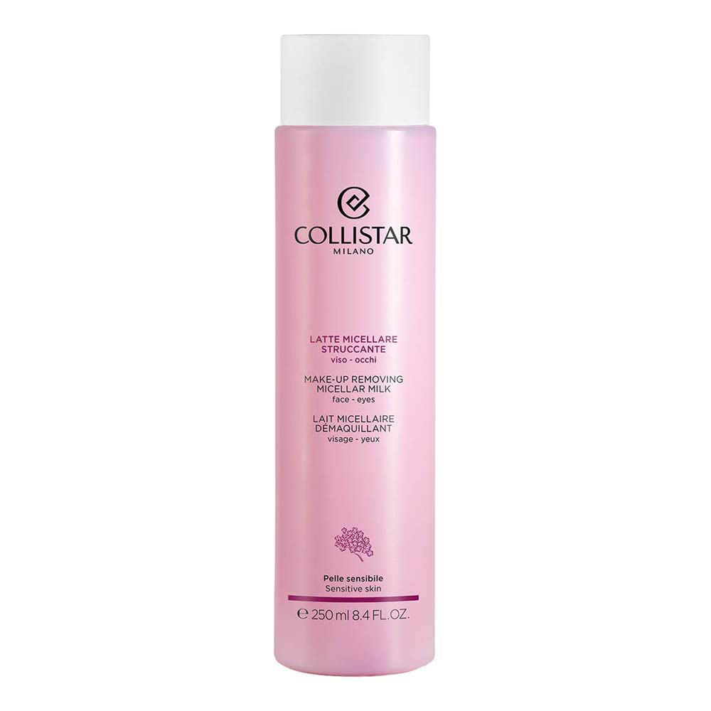 Flacon rose avec bouchon blanc. Inscription: Collistar Milano, Lait Micellaire Démaquillant. Pour peaux sensibles.