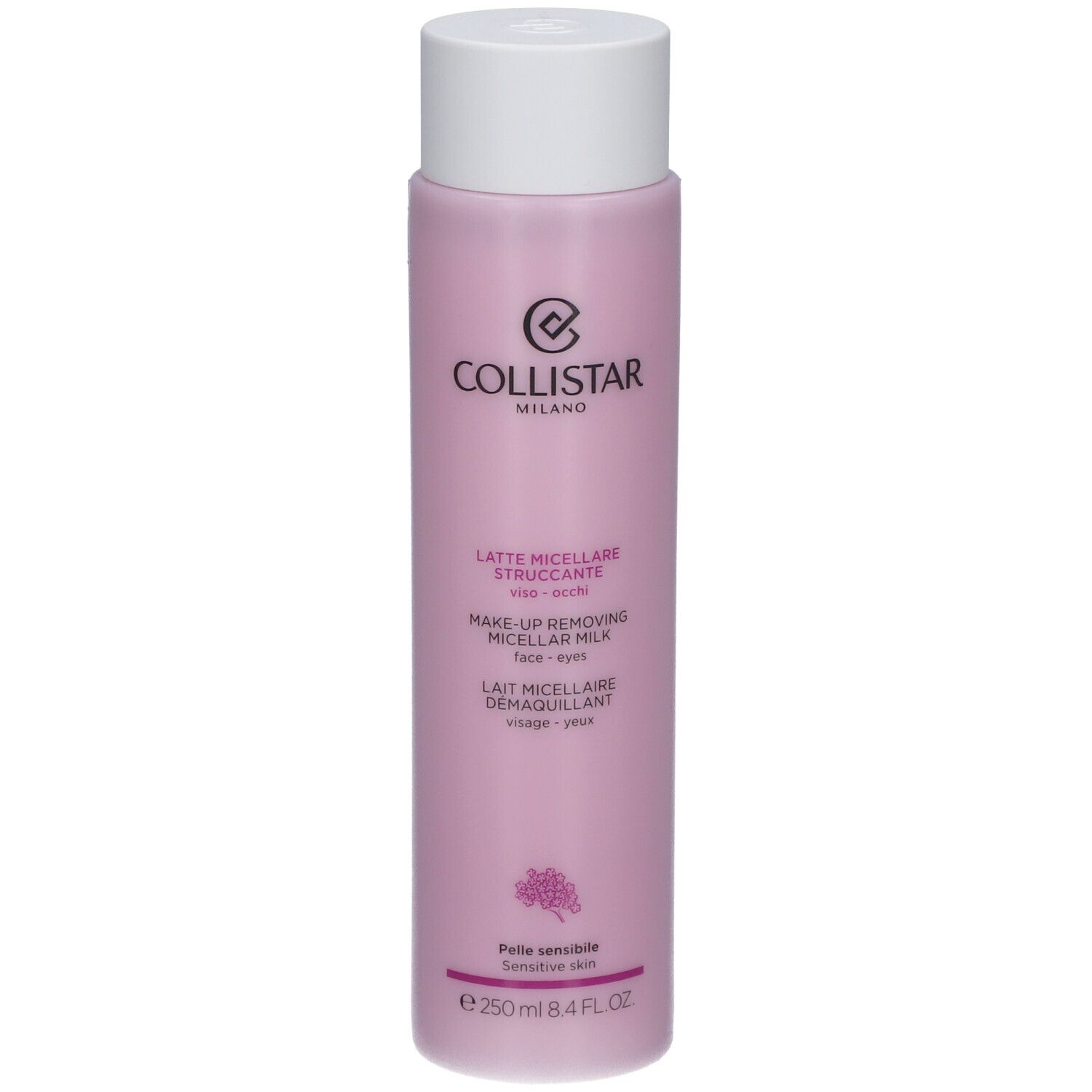 Flacon rose avec bouchon blanc. Inscription: Collistar Milano, Lait Micellaire Démaquillant. Pour peaux sensibles.