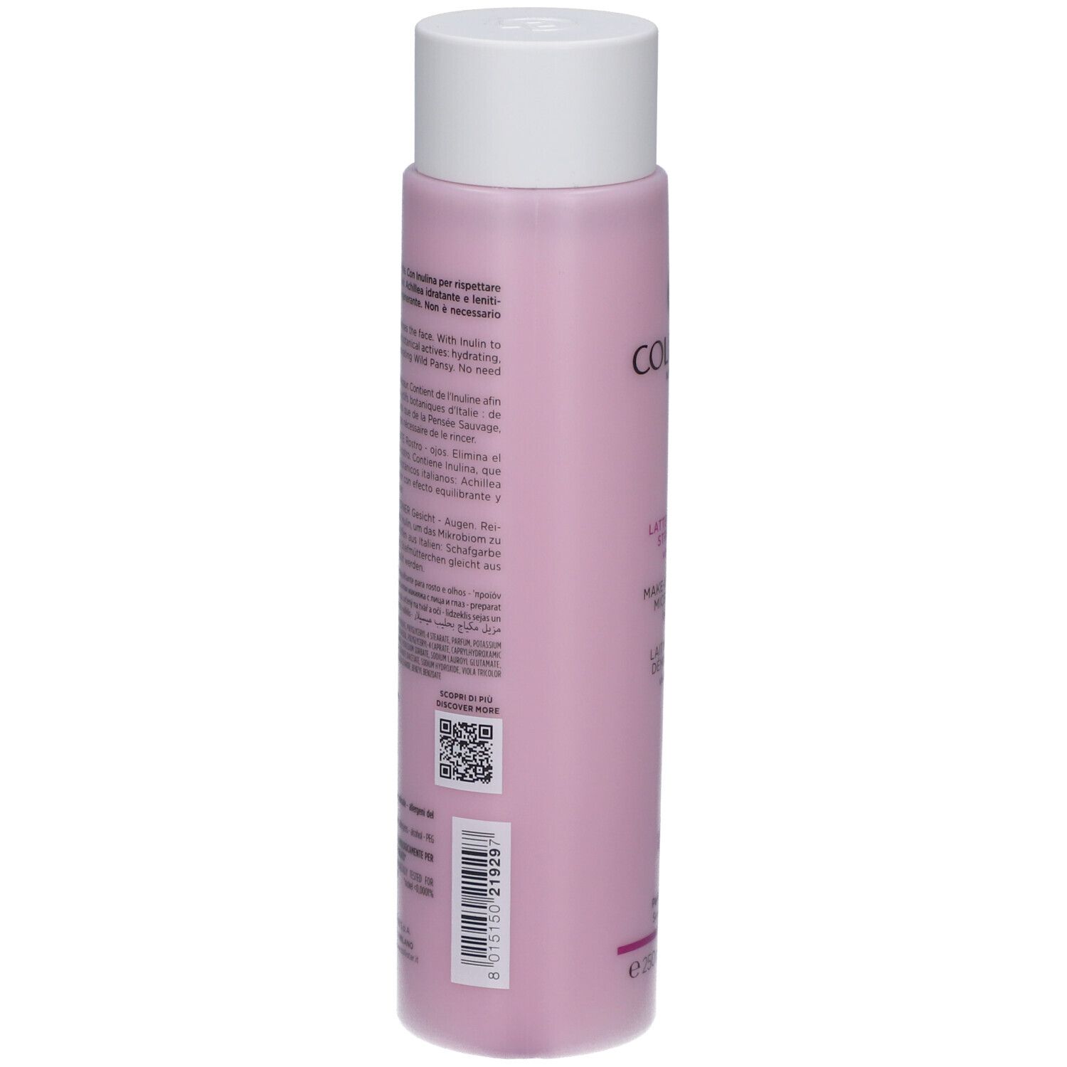 Dos du flacon rose avec bouchon blanc. Texte multilingue. Code QR et code-barres.