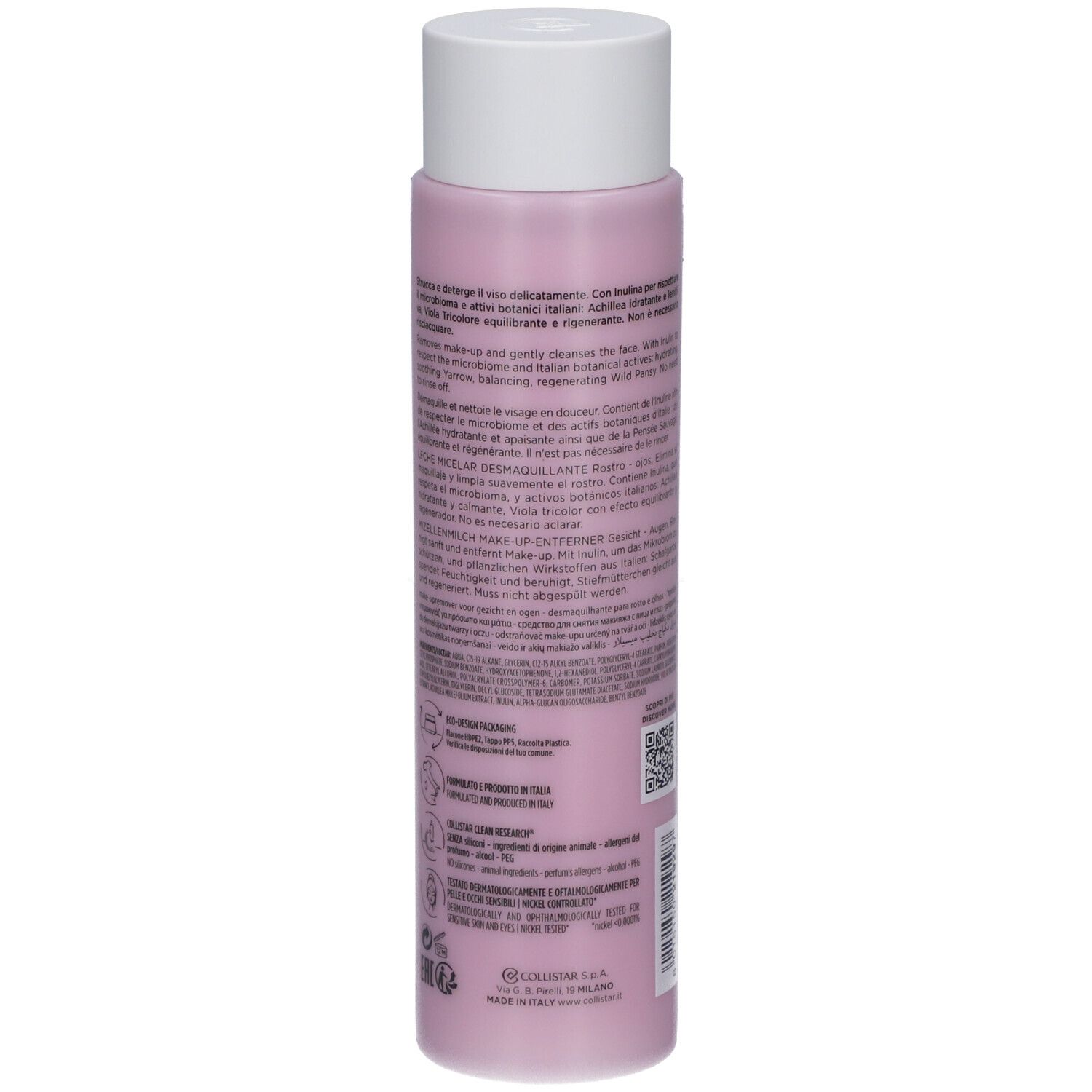 Dos du flacon rose avec bouchon blanc. Texte multilingue. Symboles et code QR.