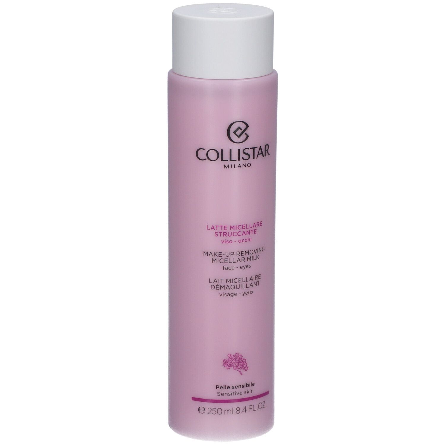 Flacon rose avec bouchon blanc. Inscription: Collistar Milano, Lait Micellaire Démaquillant. Pour peaux sensibles.