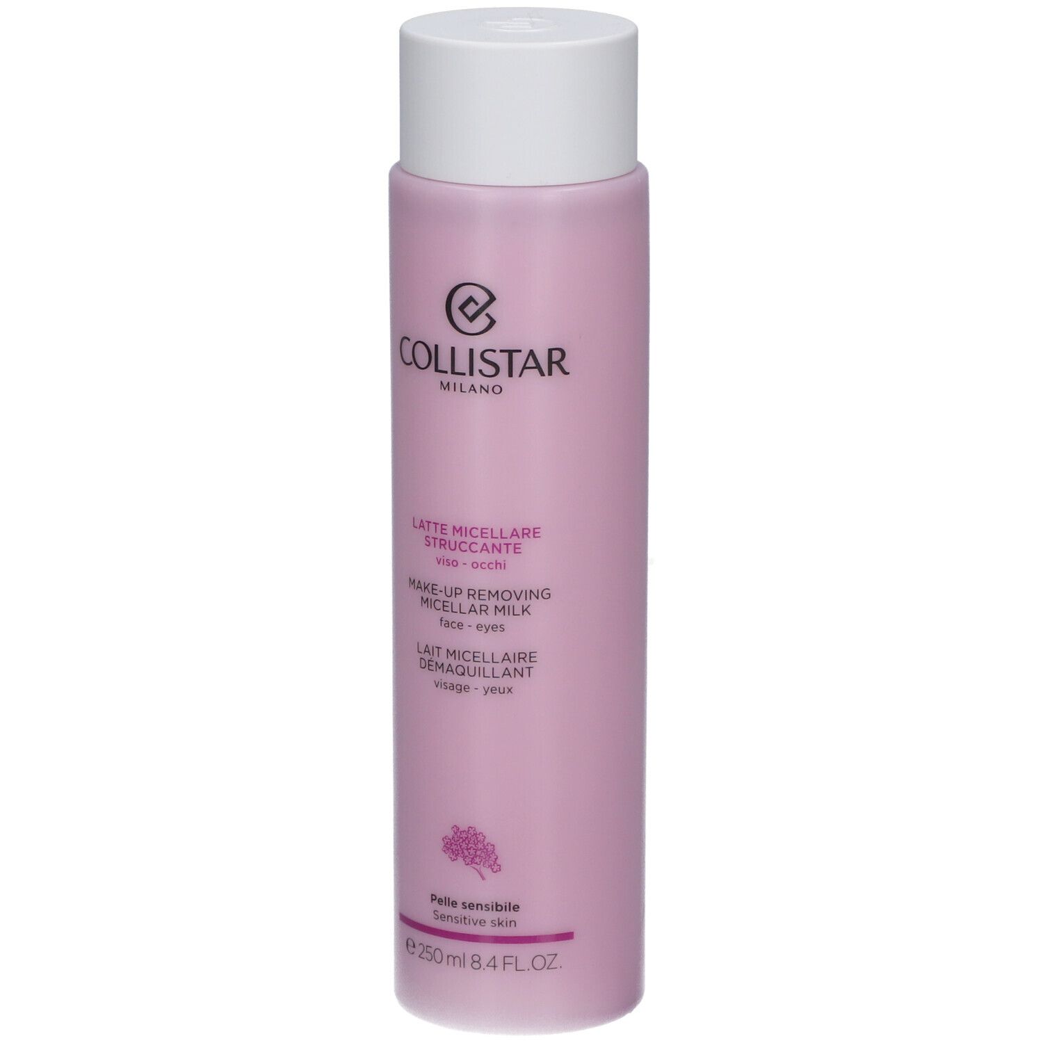 Flacon rose avec bouchon blanc. Inscription: Collistar Milano, Lait Micellaire Démaquillant. Pour peaux sensibles.
