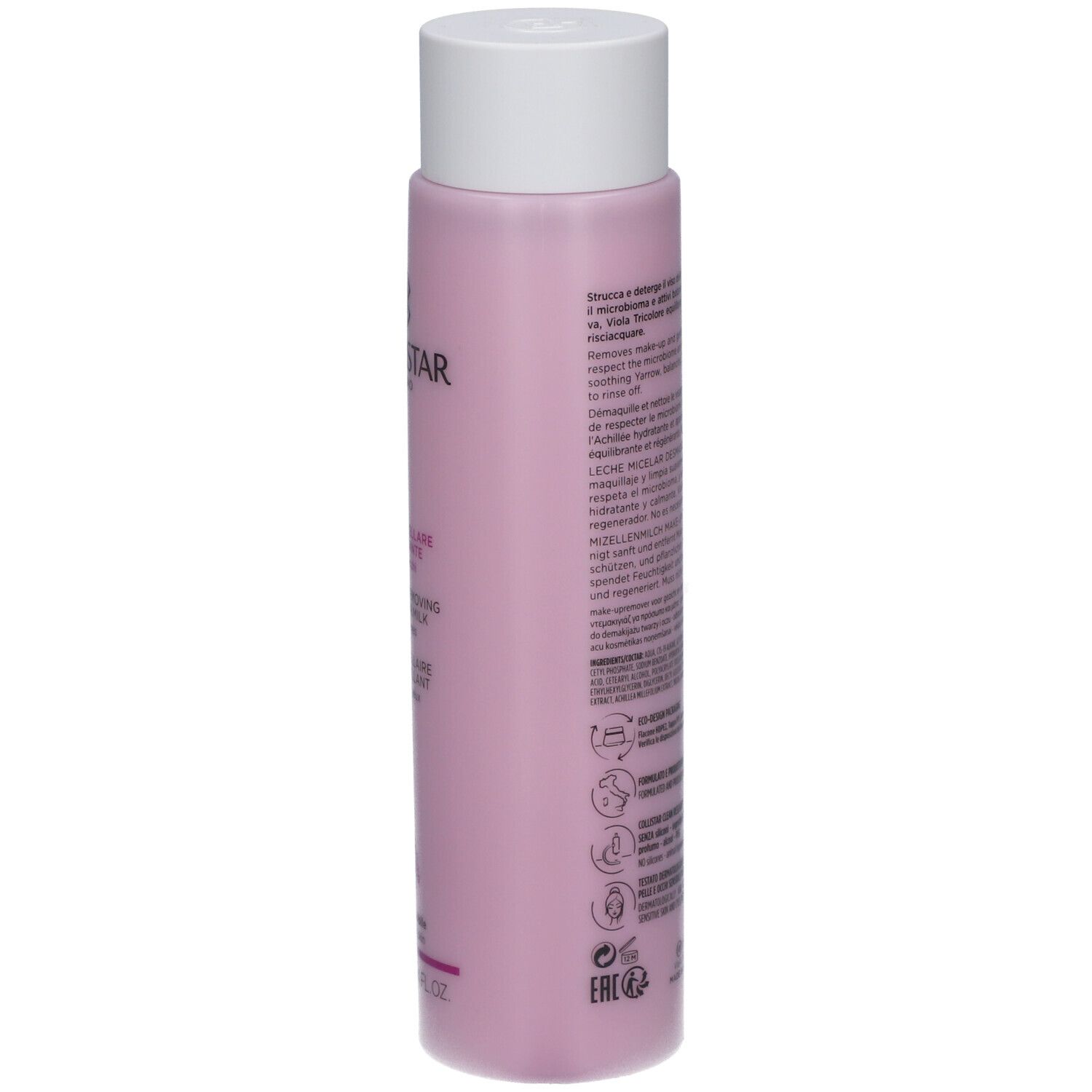 Dos du flacon rose avec bouchon blanc. Texte multilingue. Symboles et code QR.