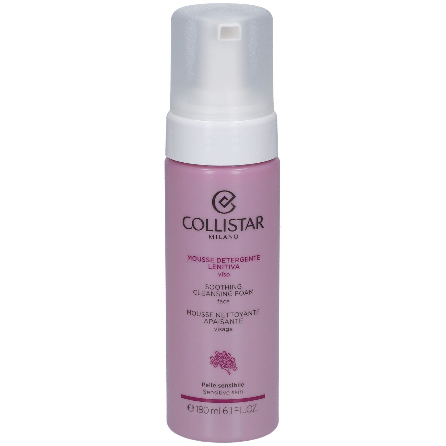 Rosa Flasche mit weißem Spender. Aufschrift: Collistar Milano, Mousse Nettoyante Apaisante, 180ml.
