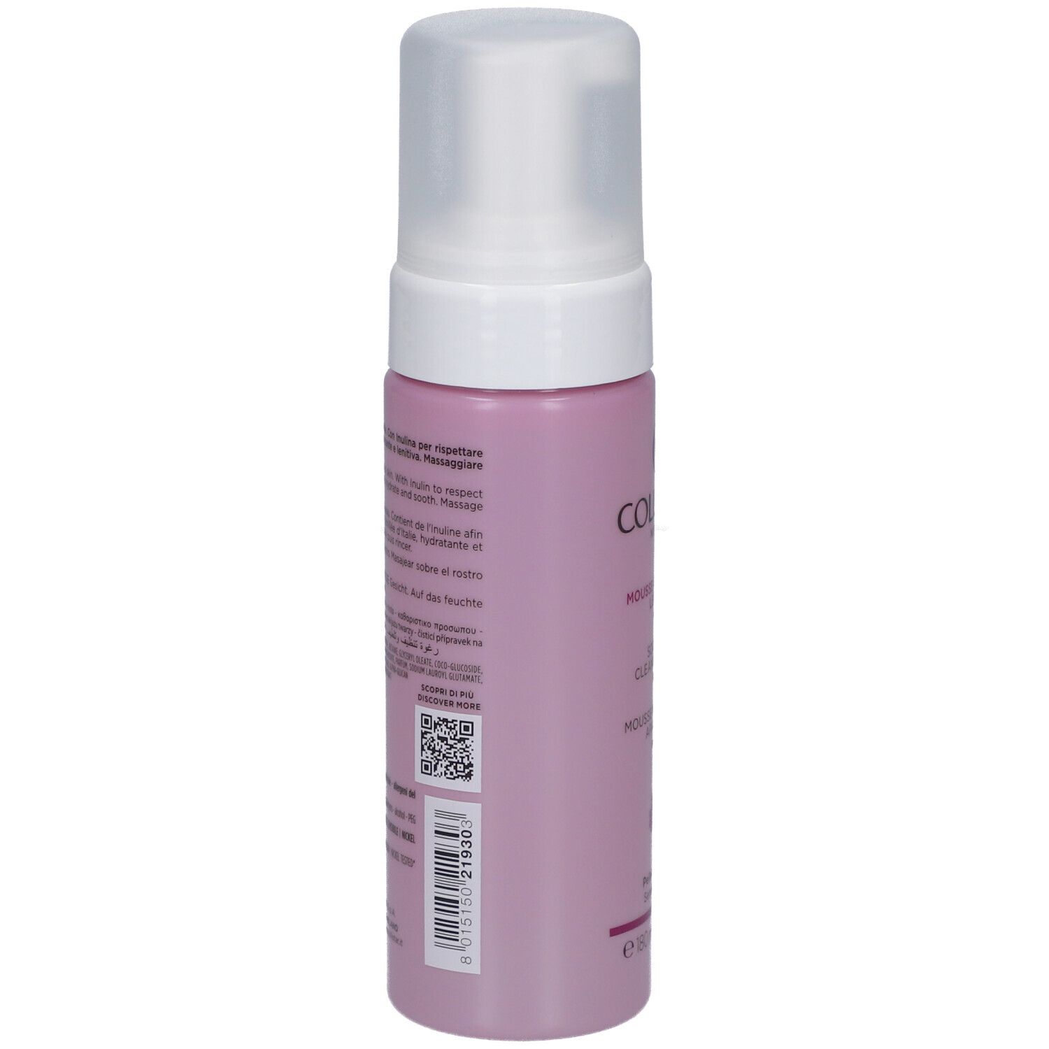 Rückseite einer rosa Flasche mit weißem Spender. Text in mehreren Sprachen, QR-Code.