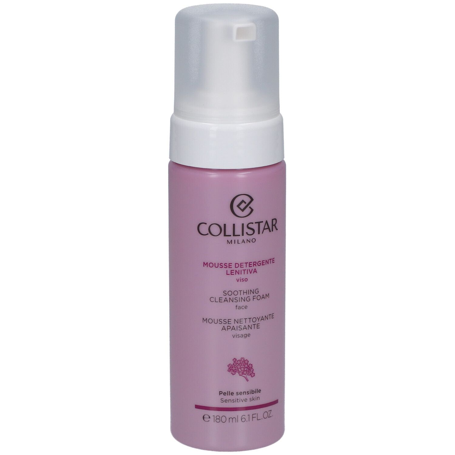 Rosa Flasche mit weißem Spender. Aufschrift: Collistar Milano, Mousse Nettoyante Apaisante, 180ml.