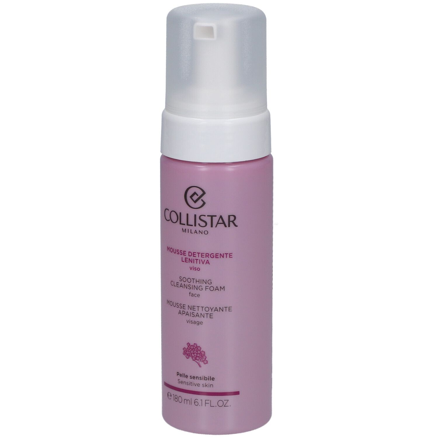 Rosa Flasche mit weißem Spender. Aufschrift: Collistar Milano, Mousse Nettoyante Apaisante, 180ml.