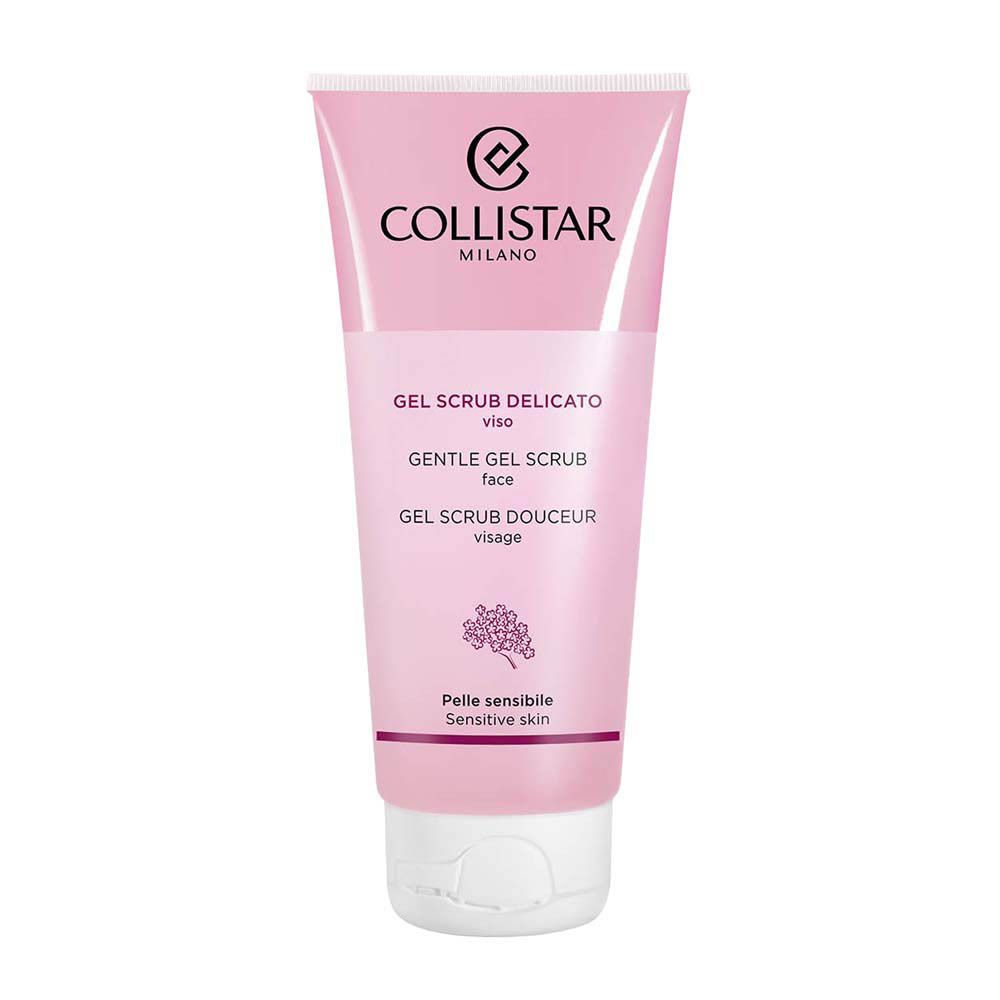Tube rose avec bouchon blanc. "Collistar Milano" en haut. En dessous, "Gel Scrub Delicato Viso". Pour peaux sensibles.