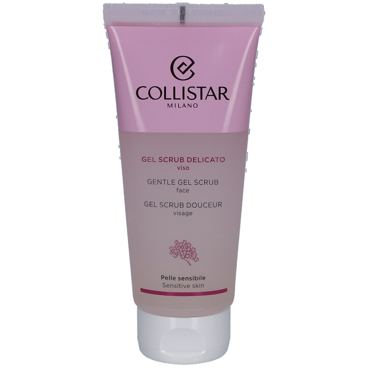 Rosa Tube mit weißem Verschluss. Oben steht "Collistar Milano". Darunter "Gel Scrub Delicato Viso". Für sensible Haut.