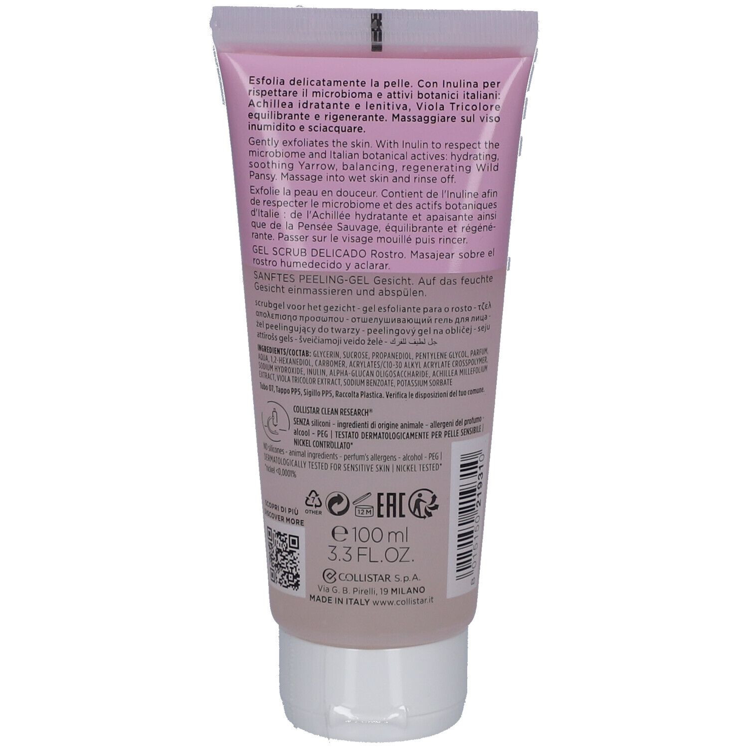Rückseite der Tube. Text in mehreren Sprachen. Inhaltsstoffe und Informationen. 100 ml, 3.3 FL.OZ. Logo "Collistar".