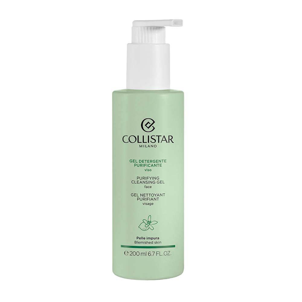 Flacon vert avec pompe blanche. Inscription: Collistar Milano, Gel Nettoyant Purifiant, 200ml.