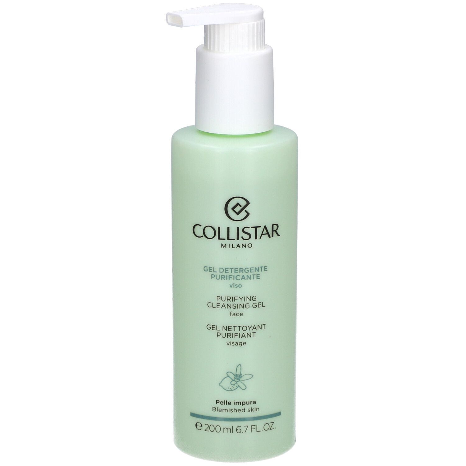 Grüne Flasche mit weißem Pumpkopf. Aufschrift: Collistar Milano, Gel Detergente Purificante, 200ml.