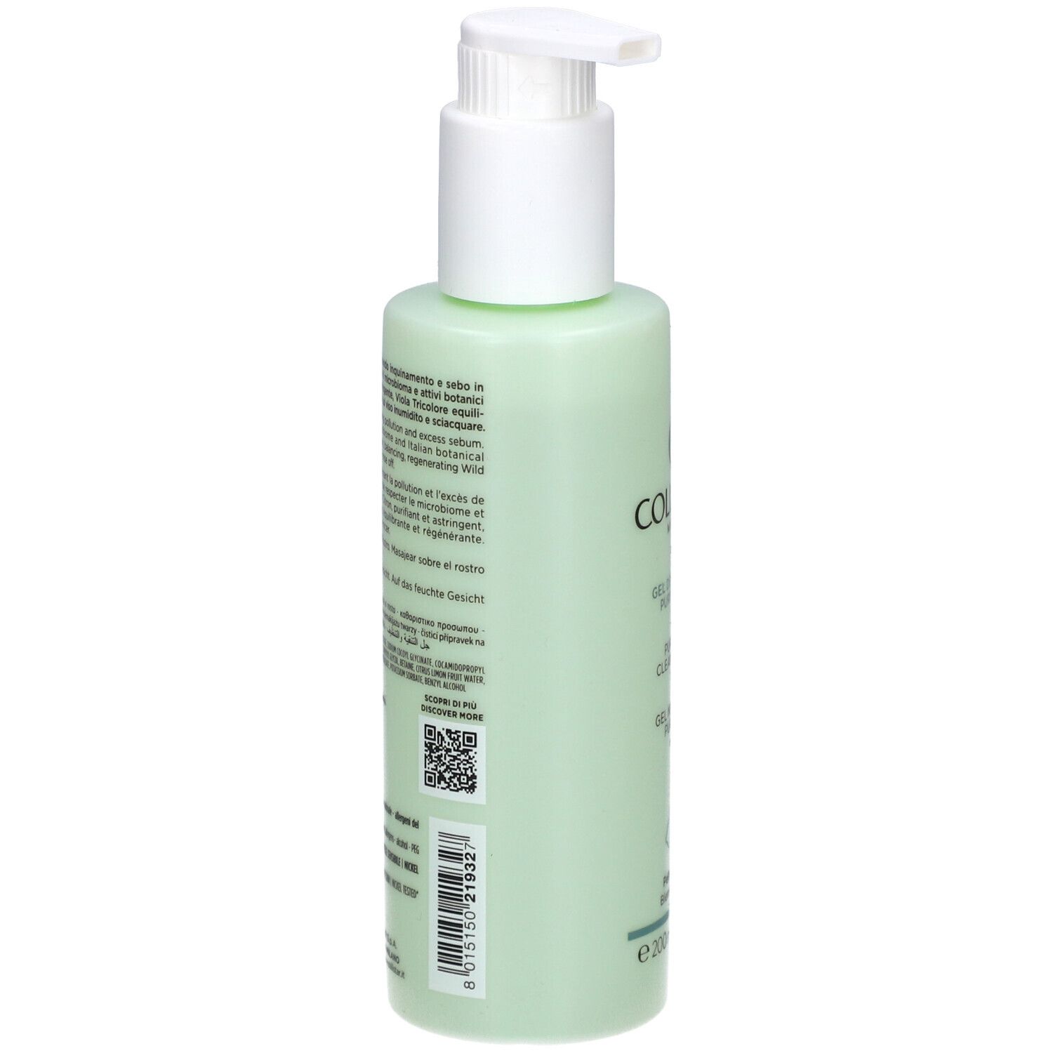 Grüne Flasche mit weißem Pumpkopf. Rückseite mit Text und QR-Code. Collistar Milano, 200ml.