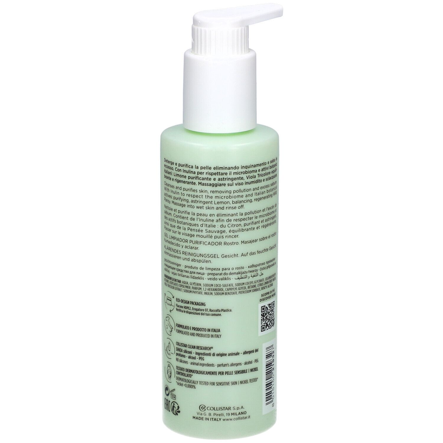 Grüne Flasche mit weißem Pumpkopf. Rückseite mit Text und QR-Code. Collistar Milano, 200ml.