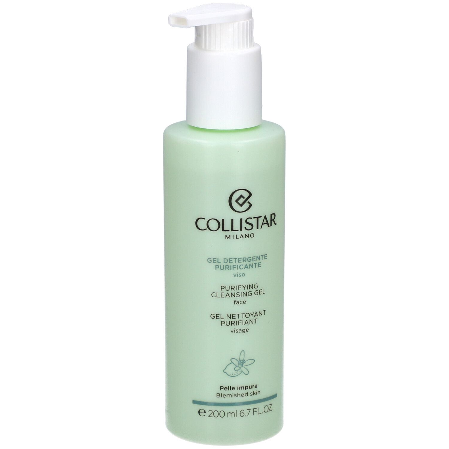 Grüne Flasche mit weißem Pumpkopf. Aufschrift: Collistar Milano, Gel Detergente Purificante, 200ml.