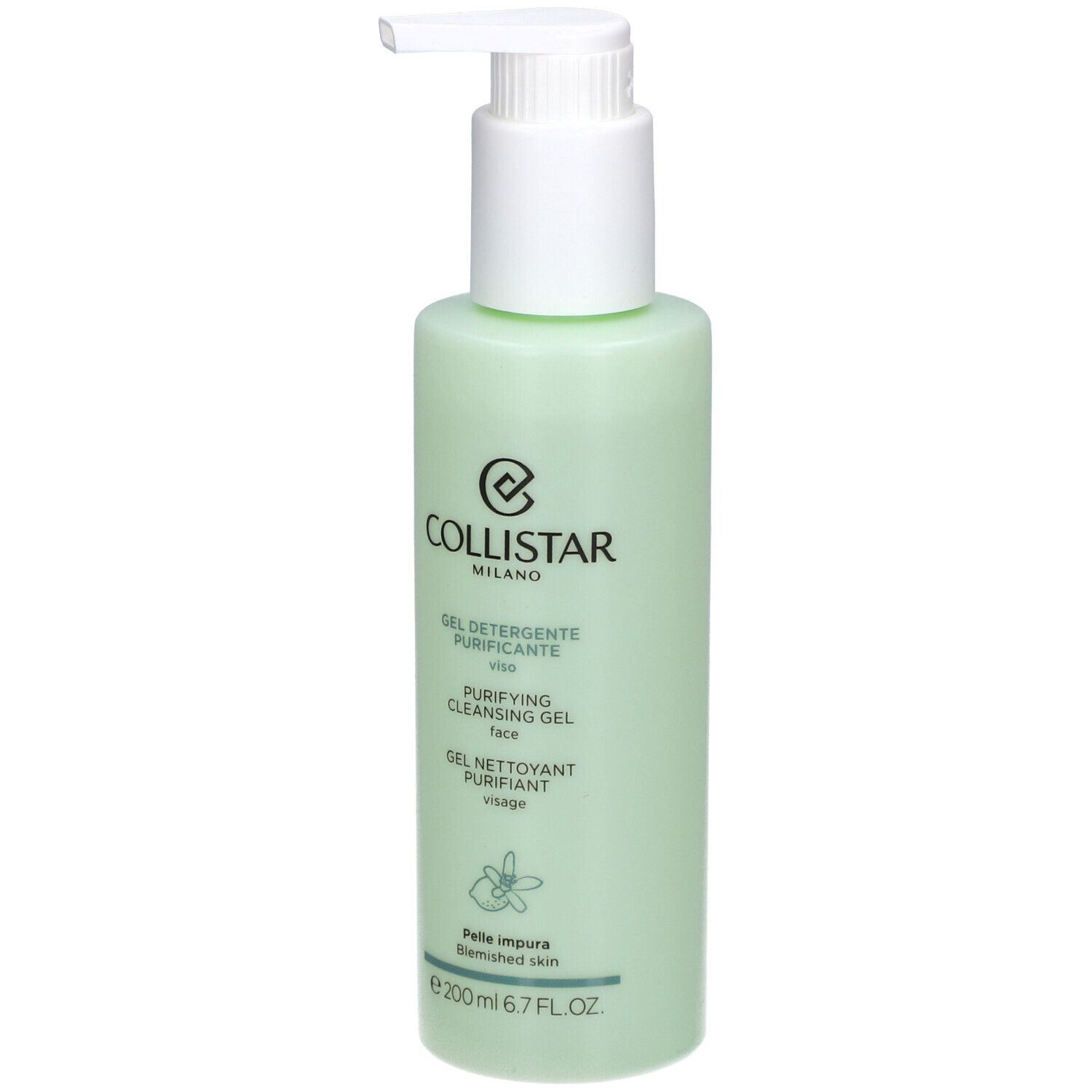 Grüne Flasche mit weißem Pumpkopf. Aufschrift: Collistar Milano, Gel Detergente Purificante, 200ml.