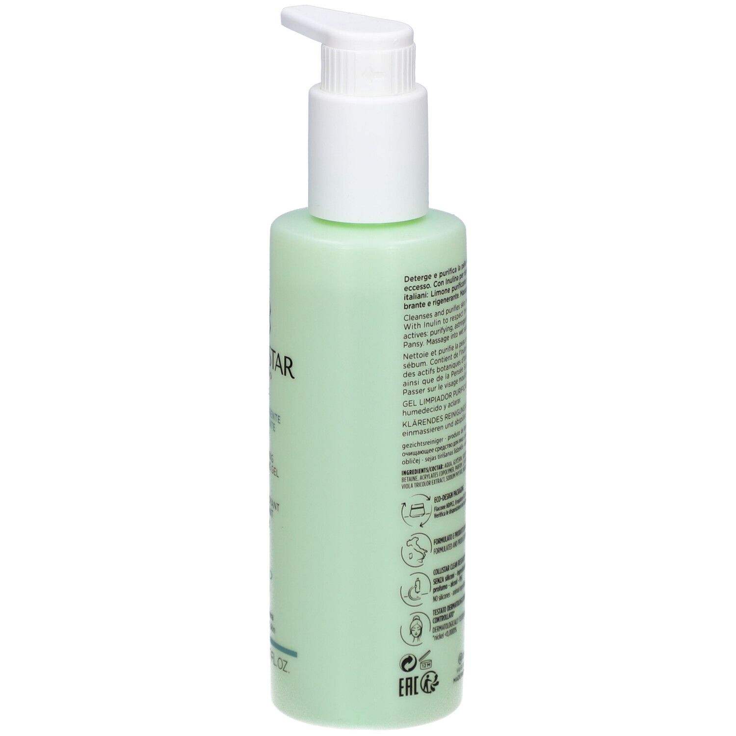 Grüne Flasche mit weißem Pumpkopf. Rückseite mit Text. Collistar Milano, 200ml.