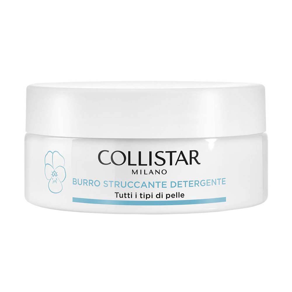 Pot blanc avec couvercle. Inscription : COLLISTAR MILANO, BURRO STRUCCANTE DETERGENTE, Tutti i tipi di pelle. Décor bleu clair.