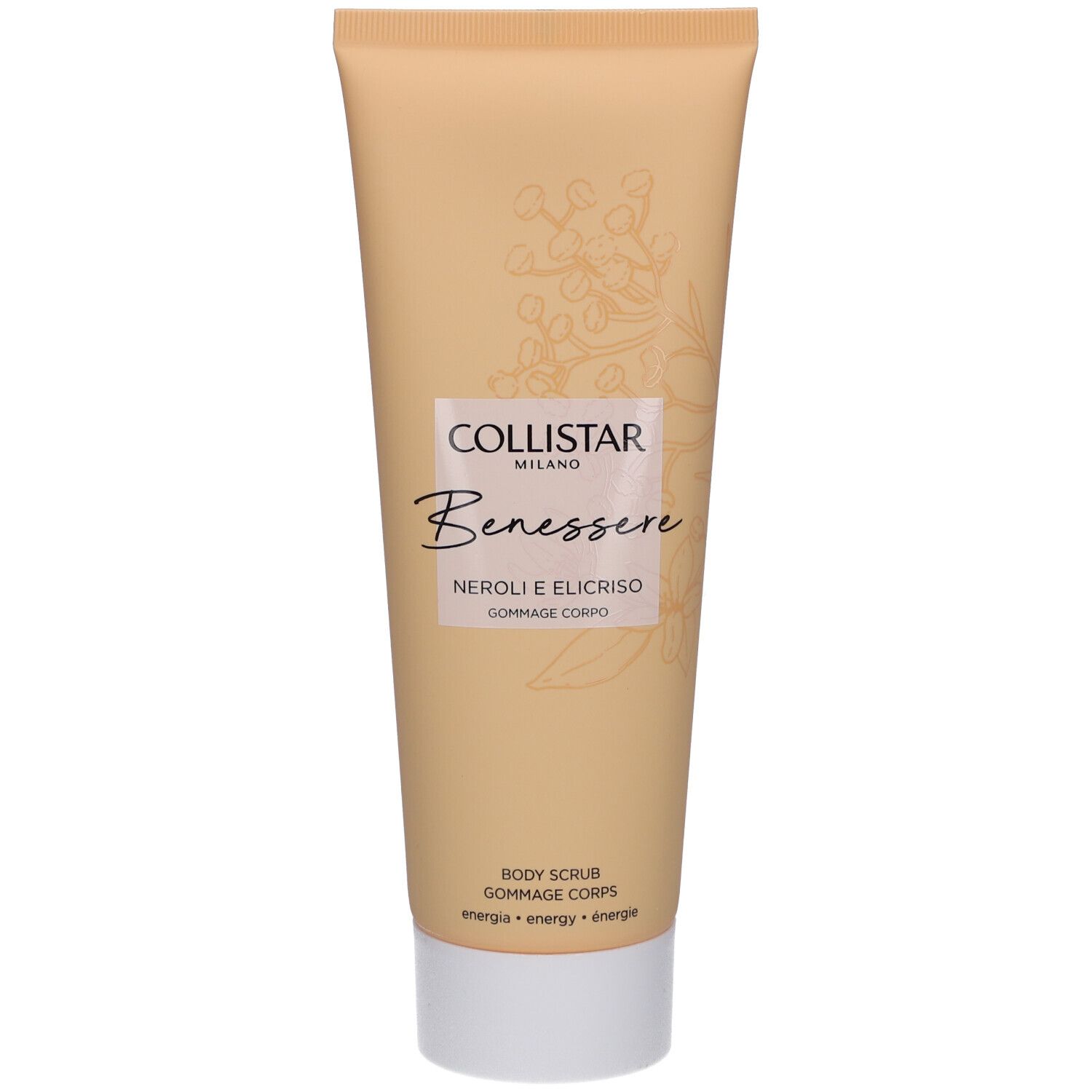 Beige Tube mit weißem Deckel. Aufschrift: Collistar Milano, Benessere, Neroli e Elicriso, Gommage Corps.