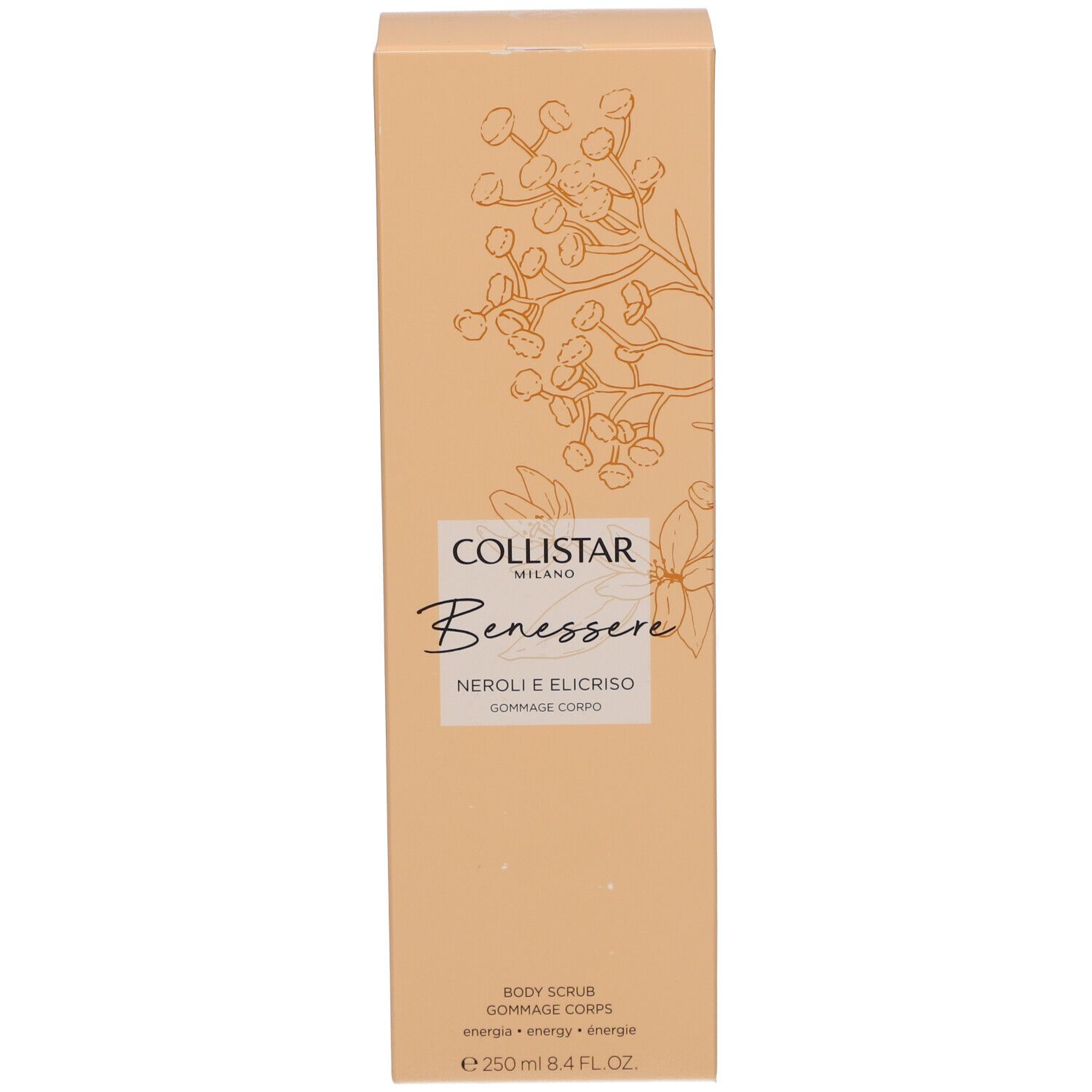 Beige Schachtel. Aufschrift: Collistar Milano, Benessere, Neroli e Elicriso, Gommage Corps. 250 ml.