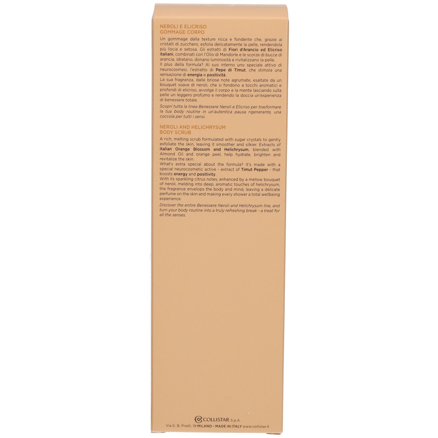 Rückseite der Schachtel. Text in Englisch und Italienisch. Aufschrift: Neroli and Helichrysum Body Scrub.
