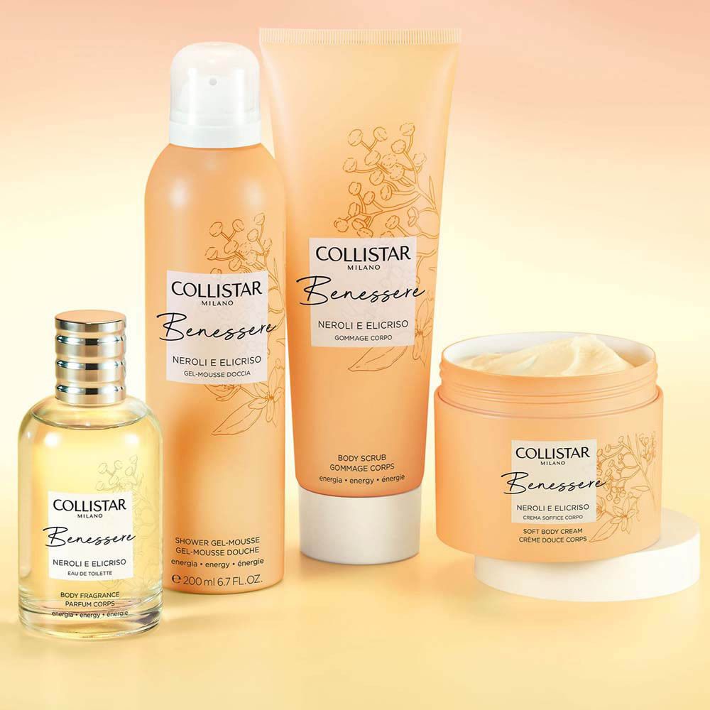 Ensemble de produits. Différents produits : tube, crème, flacon, spray. Inscription : Collistar Milano, Benessere.