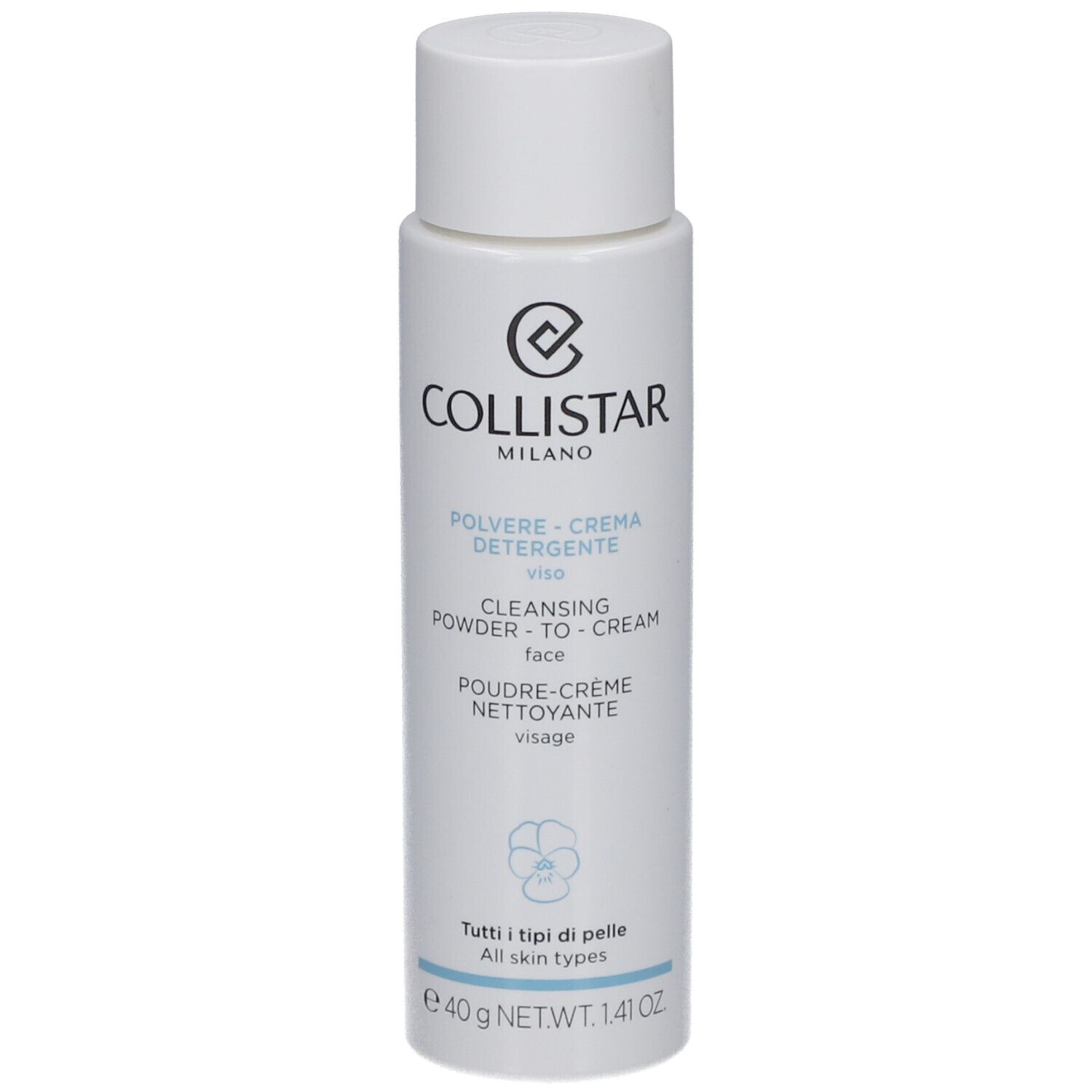 Weiße Flasche mit Deckel. Aufschrift: Collistar Milano, Poudre-Crème Nettoyante Visage, 40 g.