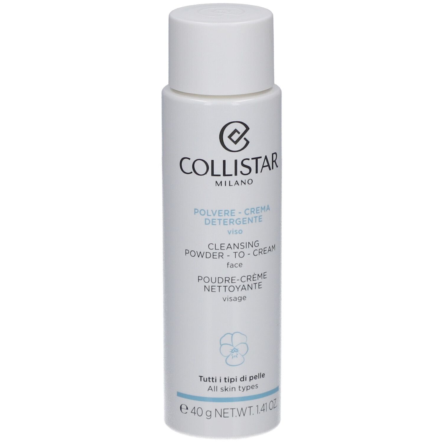 Weiße Flasche mit Deckel. Aufschrift: Collistar Milano, Poudre-Crème Nettoyante Visage, 40 g.