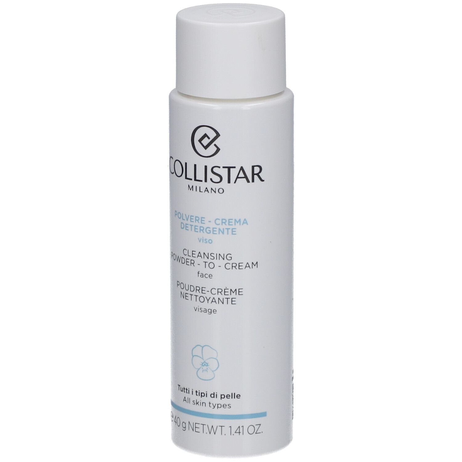 Weiße Flasche mit Deckel. Aufschrift: Collistar Milano, Poudre-Crème Nettoyante Visage, 40 g.