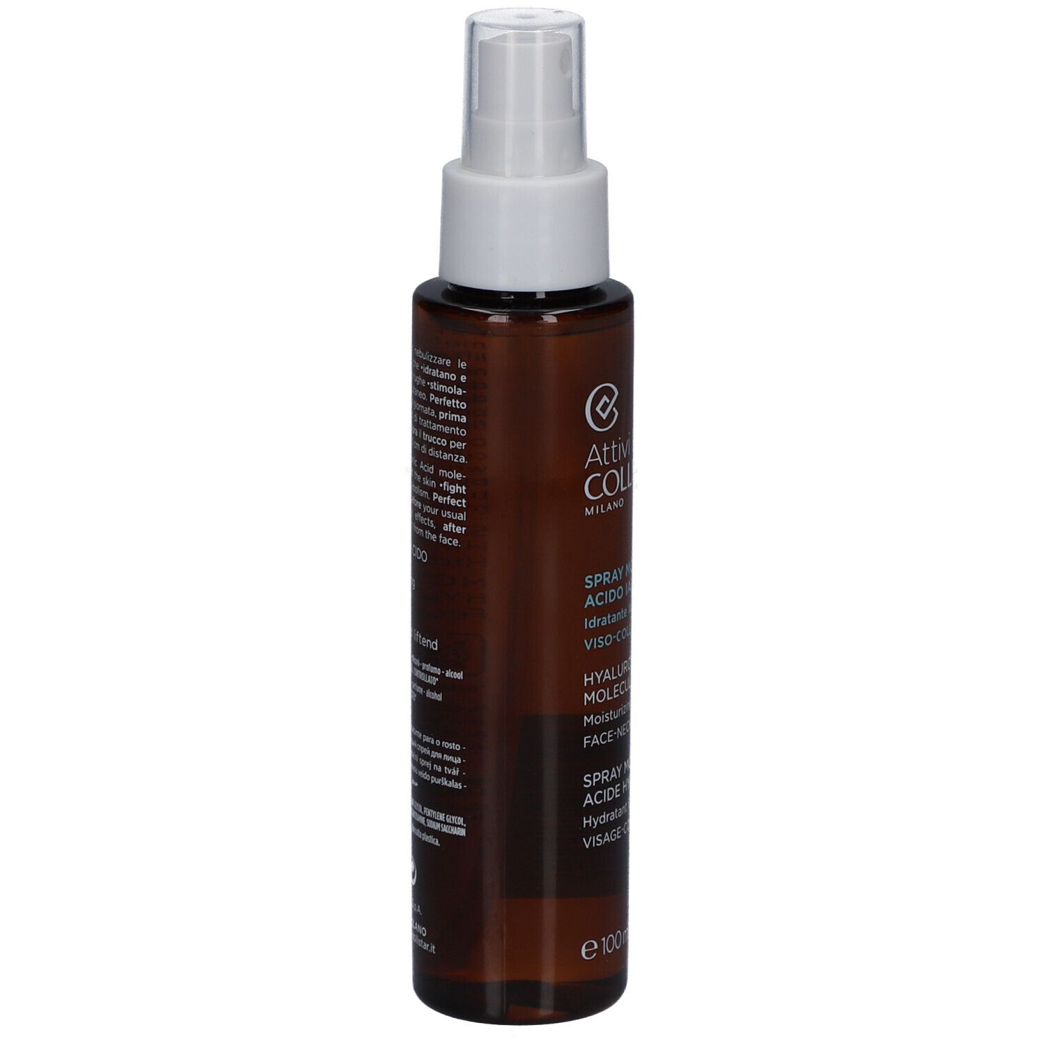Flacon spray brun avec tête blanche. Texte au dos. Marque Collistar.