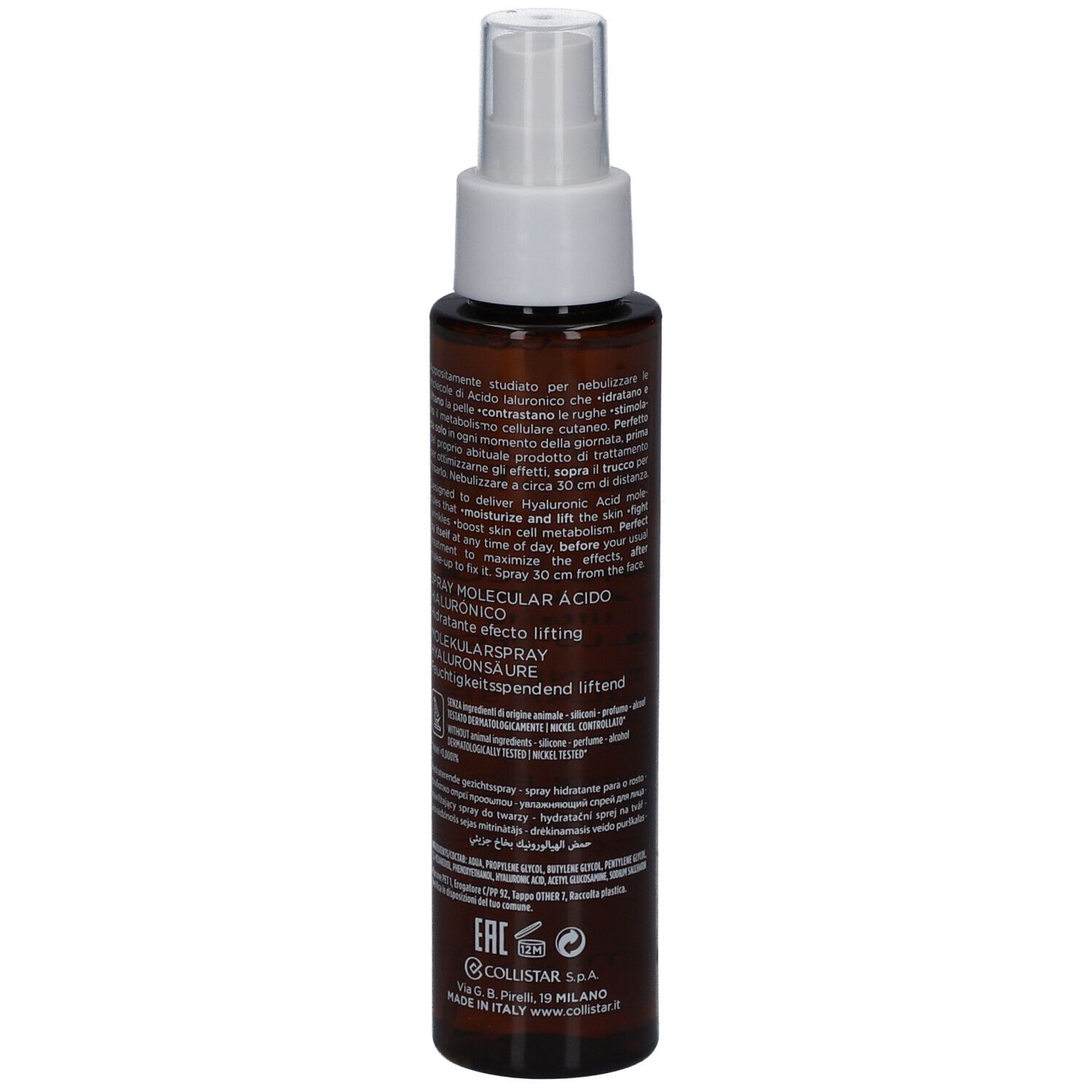 Flacon spray brun avec tête blanche. Texte au dos. Marque Collistar.