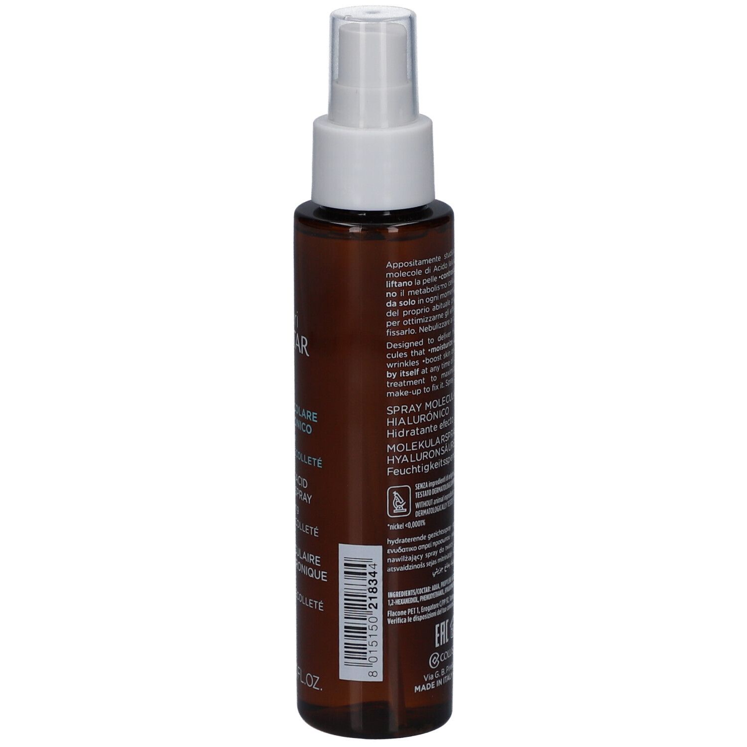 Flacon spray brun avec tête blanche. Texte au dos. Marque Collistar.
