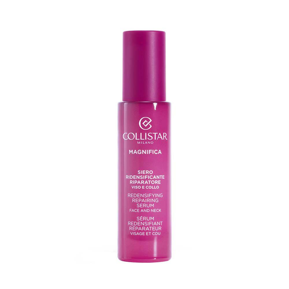 Flacon de sérum rose. Texte: Collistar, Magnifica, Siero, Redensifying Repairing Serum, 30ml.