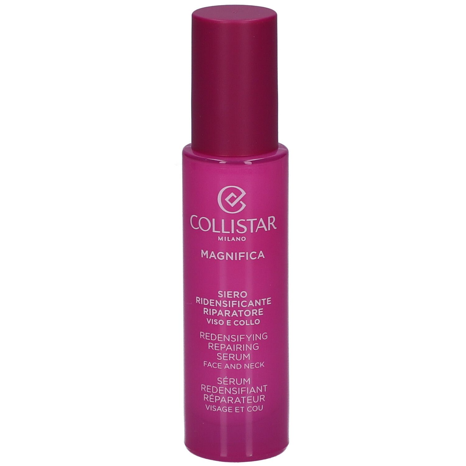 Flacon rose de sérum. Inscriptions: Collistar, Magnifica, Sérum visage et cou.
