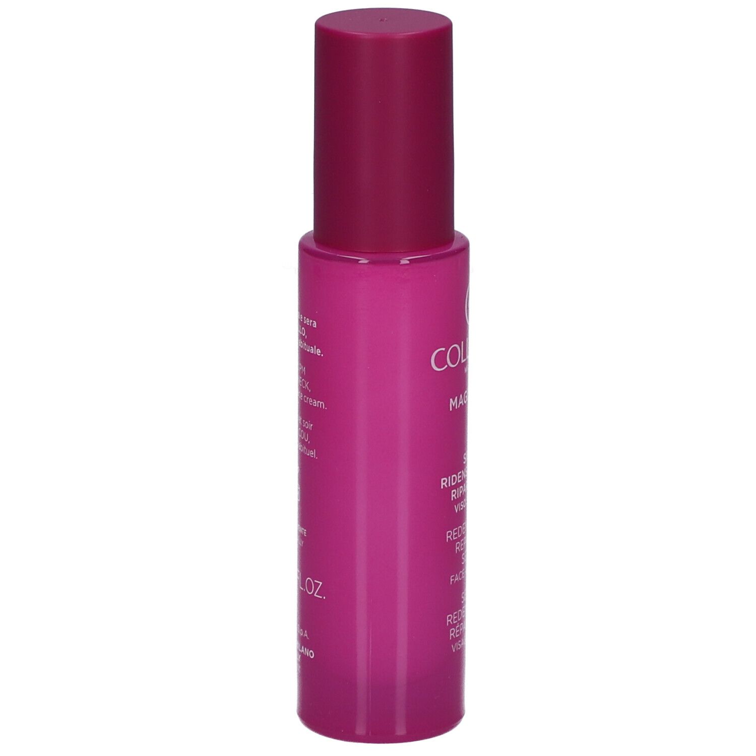 Dos d'un flacon de sérum rose. Texte: Collistar, Magnifica, Siero, Redensifying Repairing Serum.