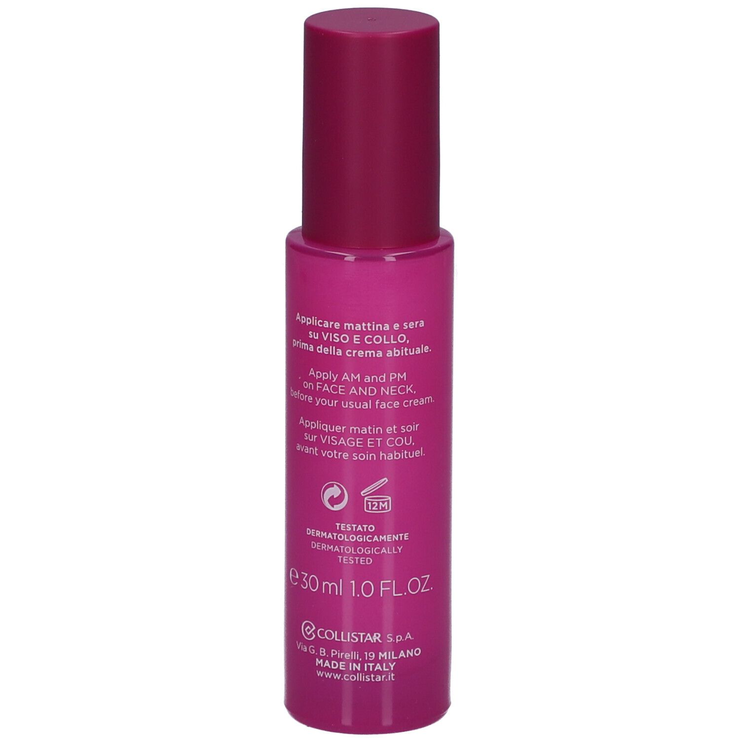 Flacon de sérum rose. Texte: Appliquer matin et soir, 30ml, Collistar, Made in Italy.