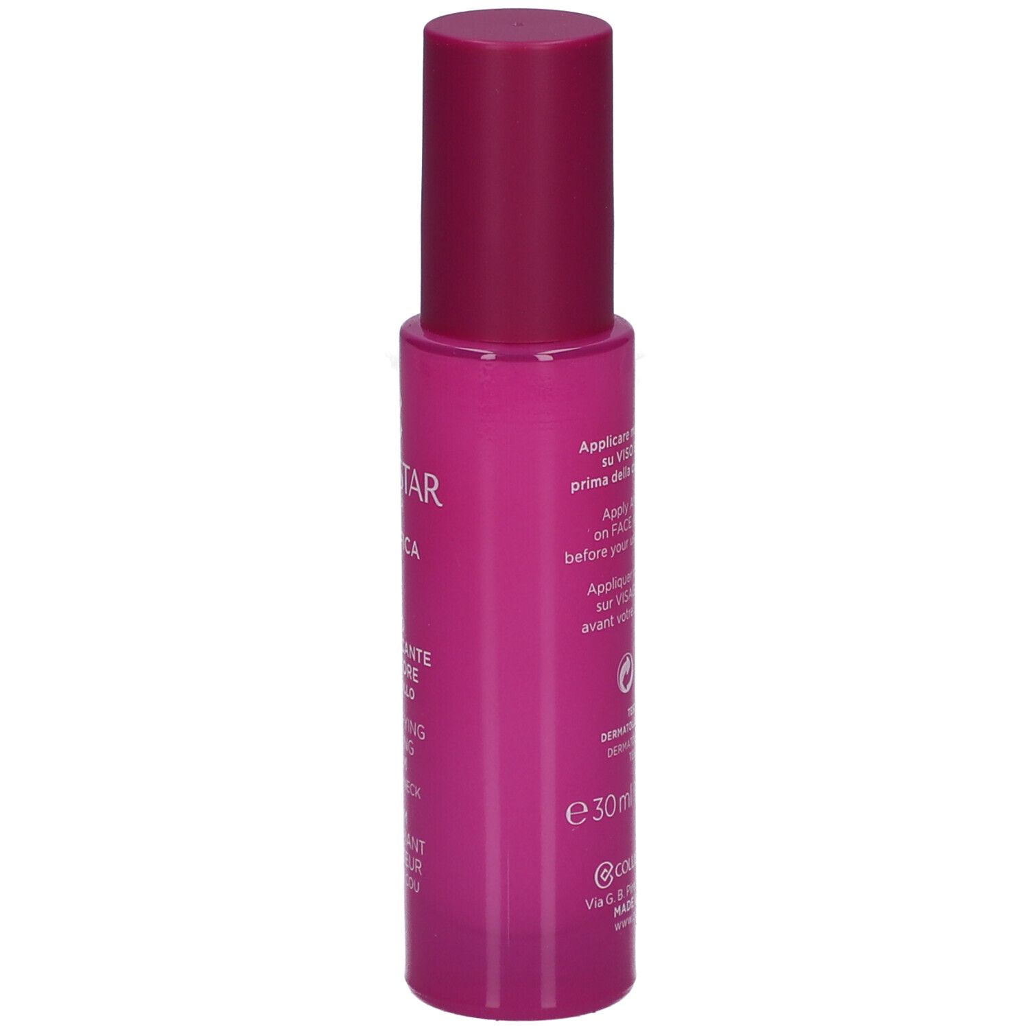 Flacon de sérum rose. Texte: Collistar, Magnifica, Siero, Redensifying Repairing Serum, 30ml.