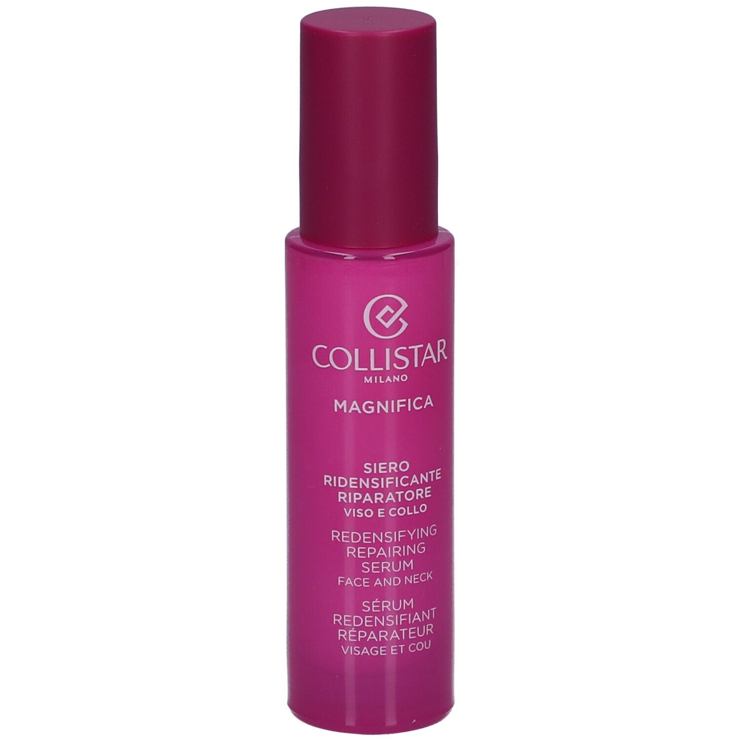 Flacon de sérum rose. Texte: Collistar, Magnifica, Siero, Redensifying Repairing Serum, 30ml.