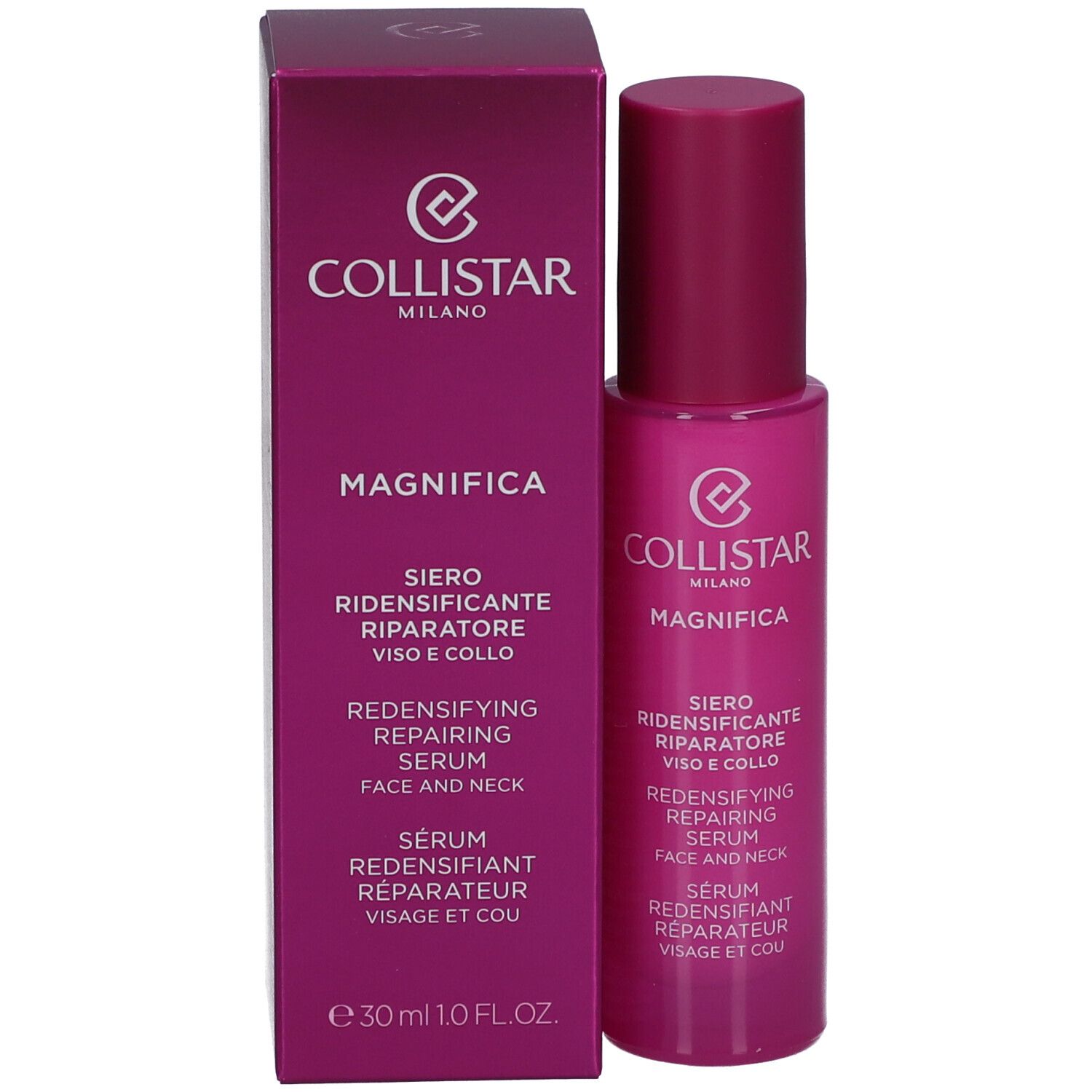 Emballage et flacon. Texte: Collistar, Magnifica, Siero, Redensifying Repairing Serum, 30ml.