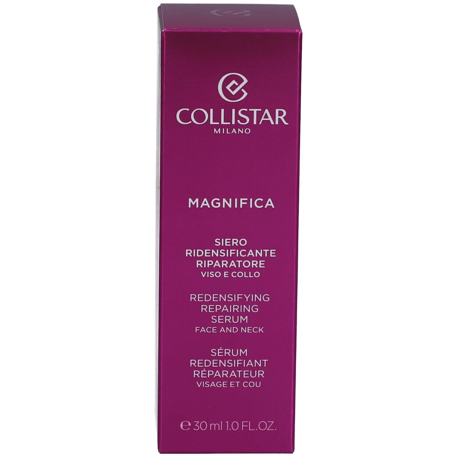 Emballage du produit. Texte: Collistar, Magnifica, Siero, Redensifying Repairing Serum, 30ml.