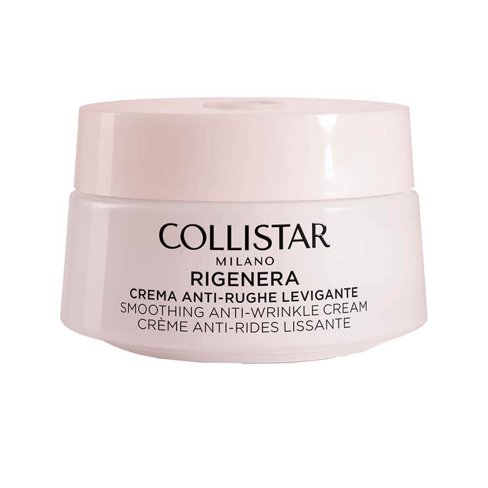 Pot de crème avec couvercle. Inscription : Collistar Milano, Rigenera, crème anti-rides. Teinte rose-beige.