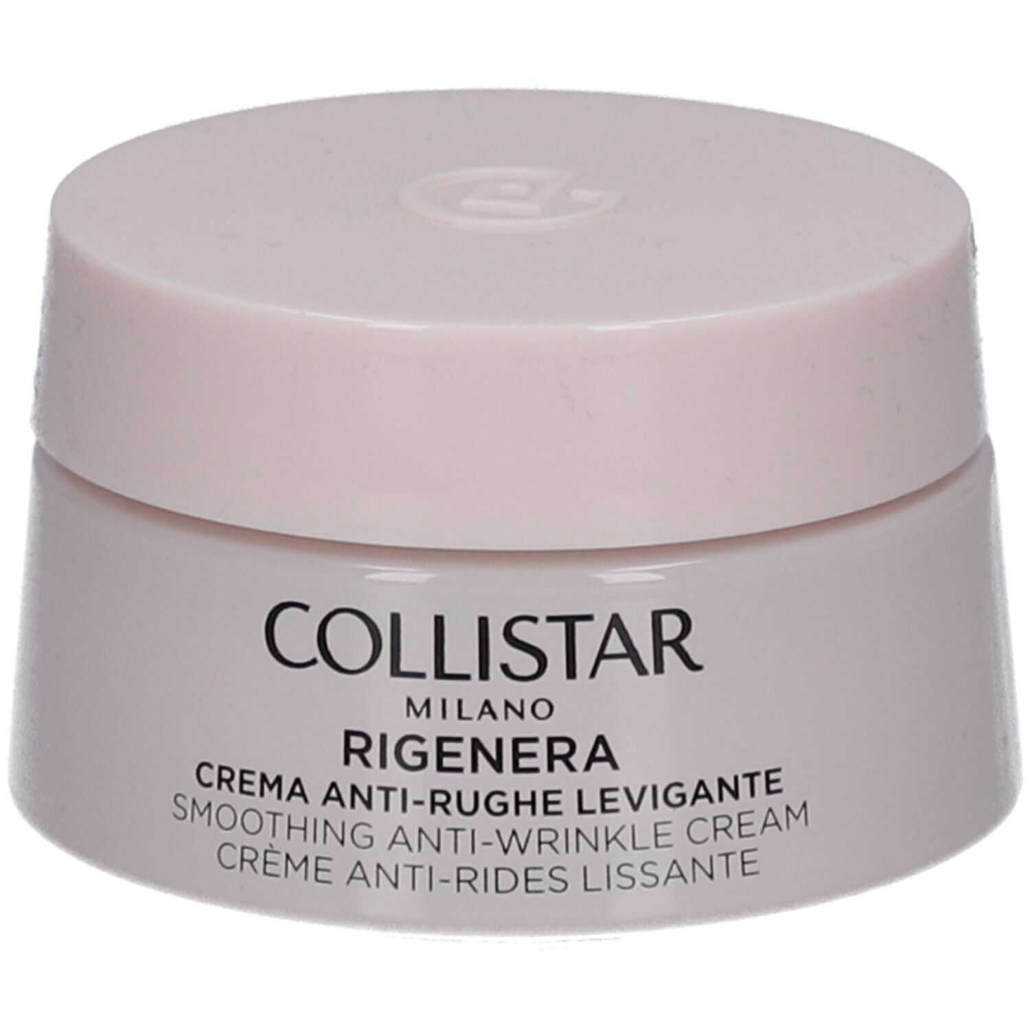 Pot de crème avec couvercle. Inscription : Collistar Milano, Rigenera, crème anti-rides. Teinte rose-beige.