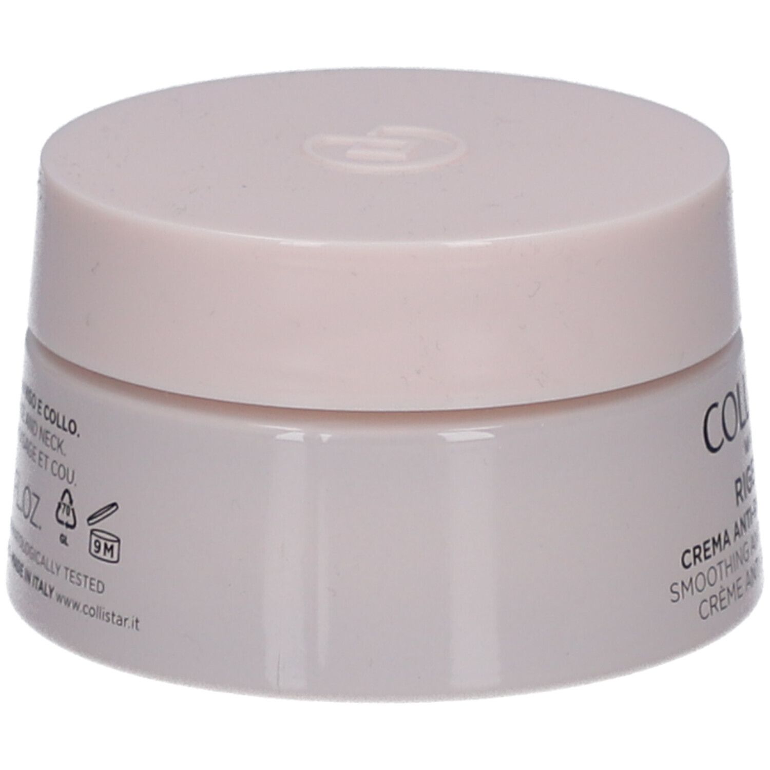 Pot de crème avec couvercle. Inscription : Collistar Milano, Rigenera, crème anti-rides. Teinte rose-beige.