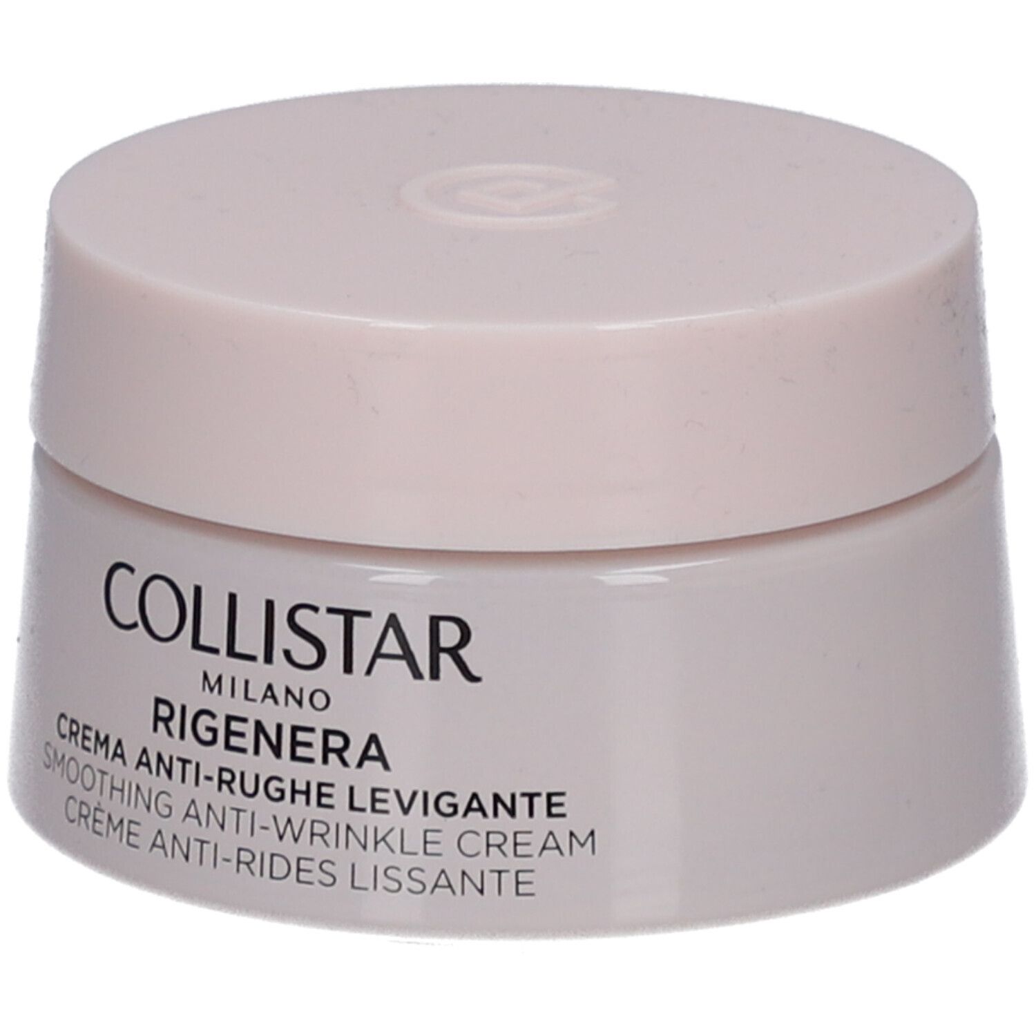 Pot de crème avec couvercle. Inscription : Collistar Milano, Rigenera, crème anti-rides. Teinte rose-beige.