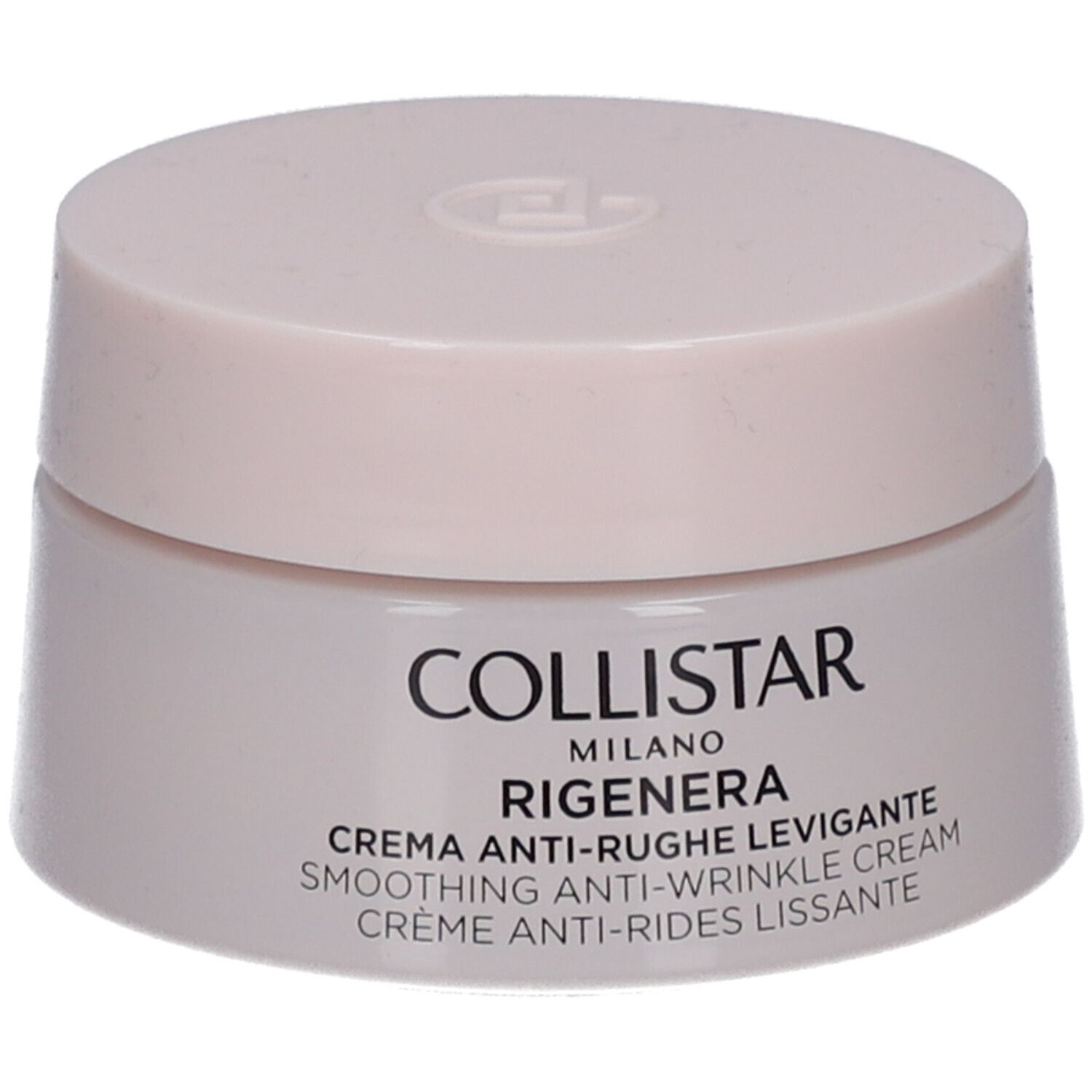 Pot de crème avec couvercle. Inscription : Collistar Milano, Rigenera, crème anti-rides. Teinte rose-beige.